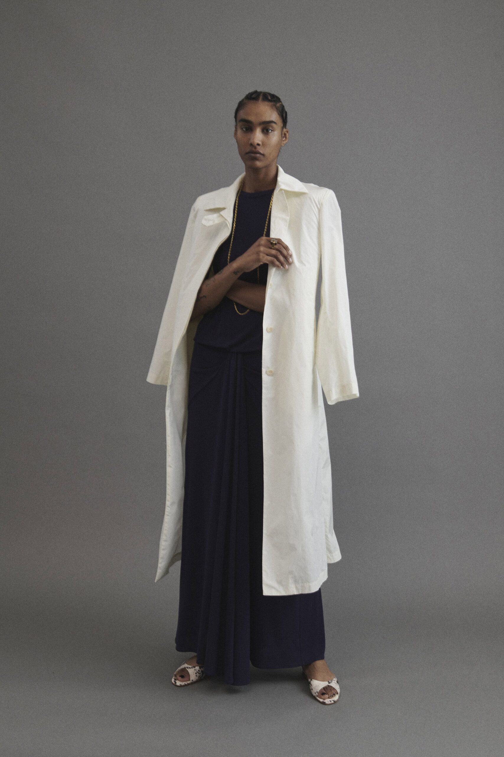 white coat navy maxi dress