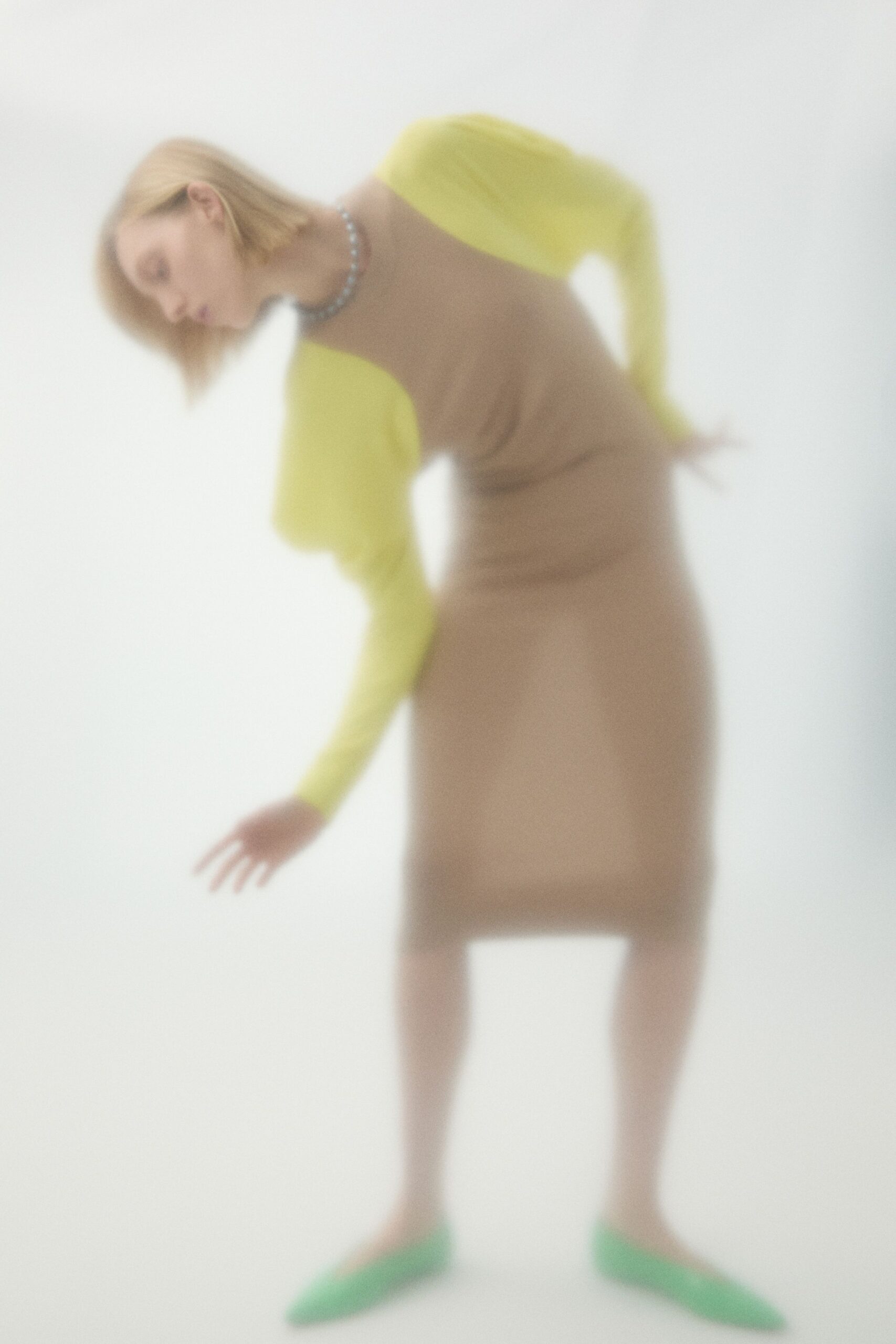 brown cotton long-sleeve scoop-neck fitted pleated sheer dress