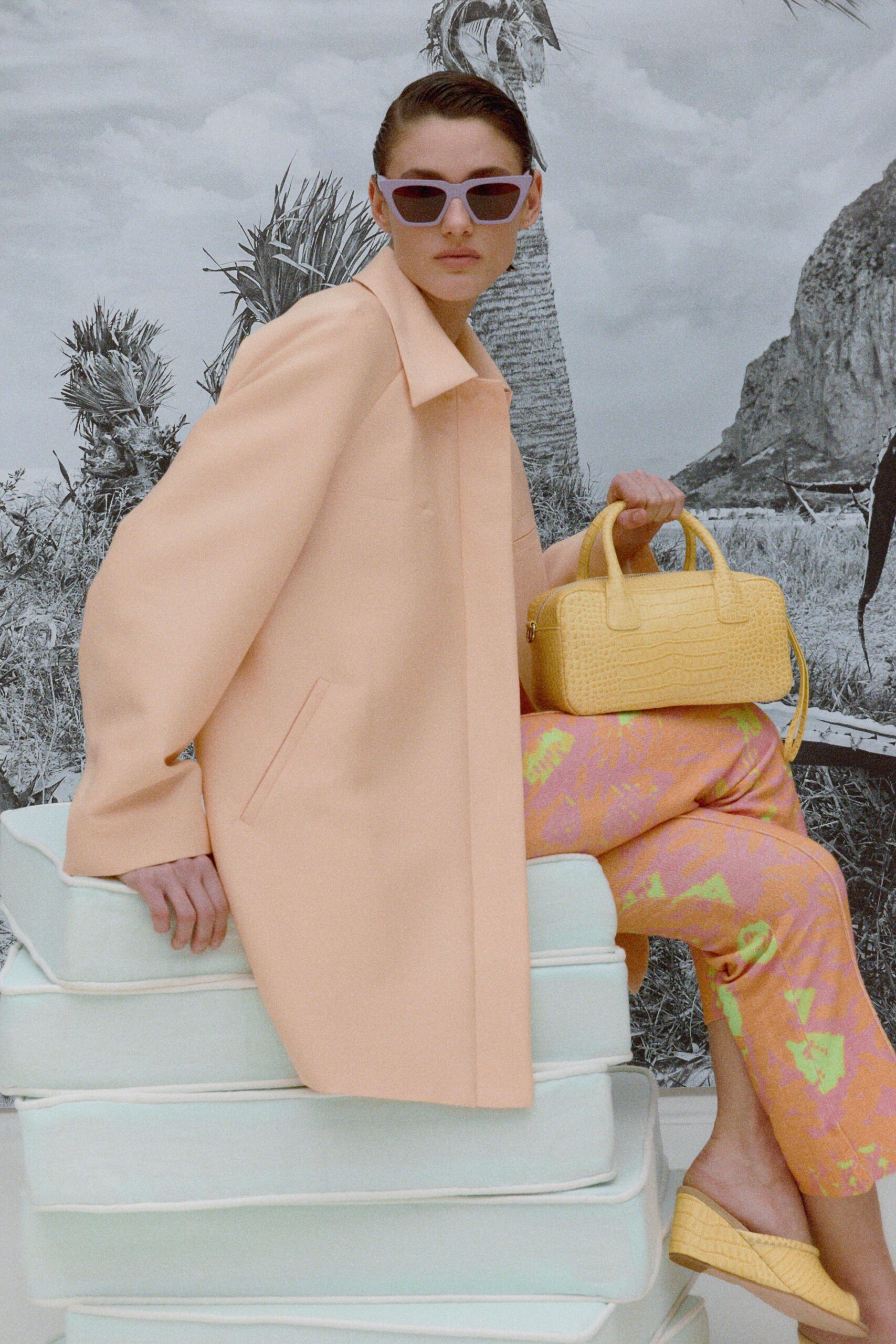 coral cotton long-sleeve collared oversized coat