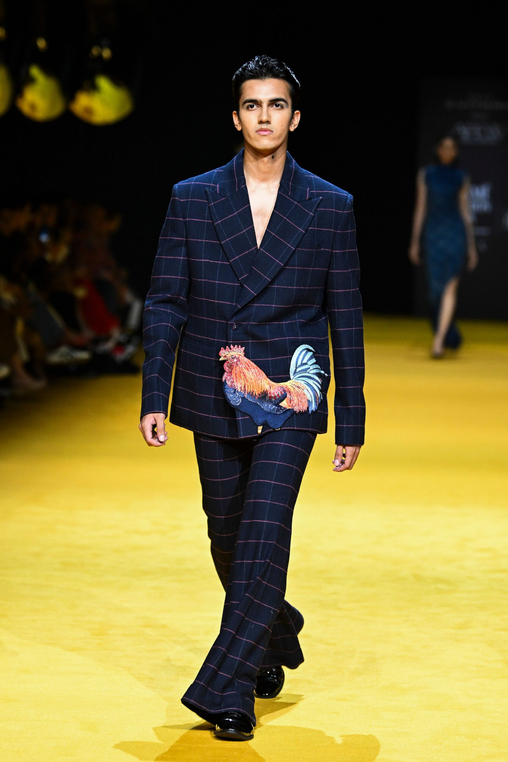 blue tailored suit with embroidery