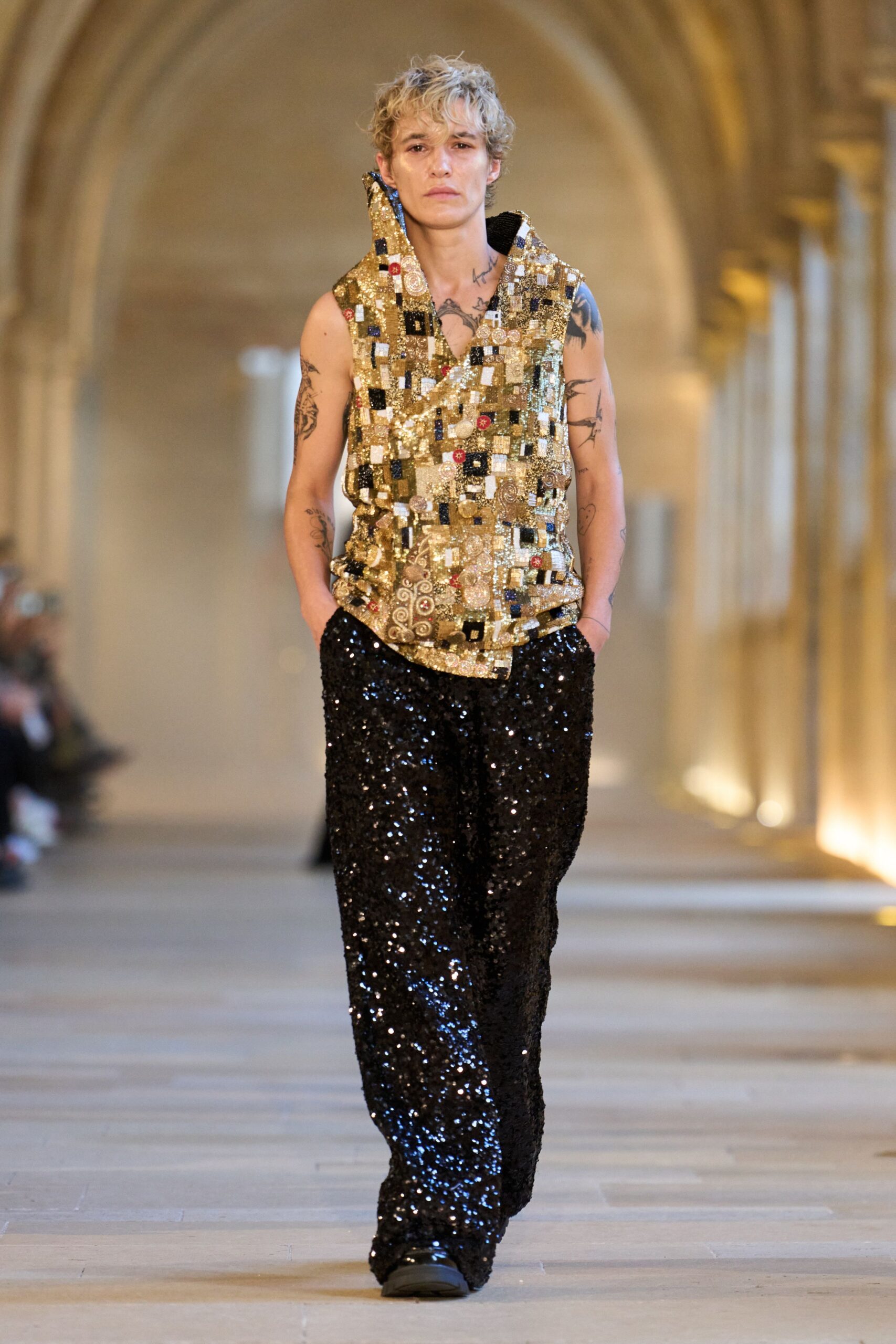 gold sequin sleeveless v-neck relaxed layered embellished top
