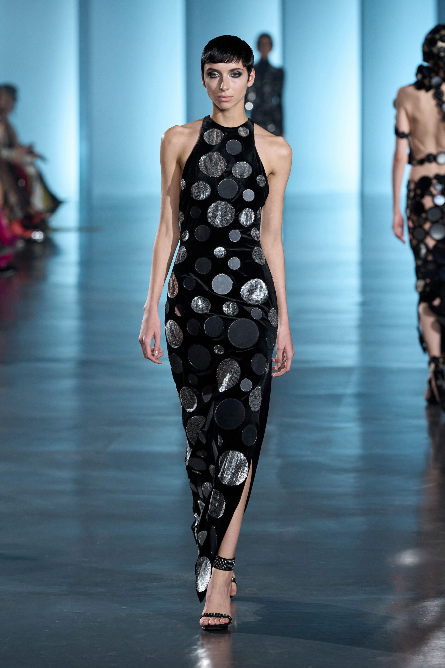 black silk sleeveless high-neck fitted polka-dot shiny gown