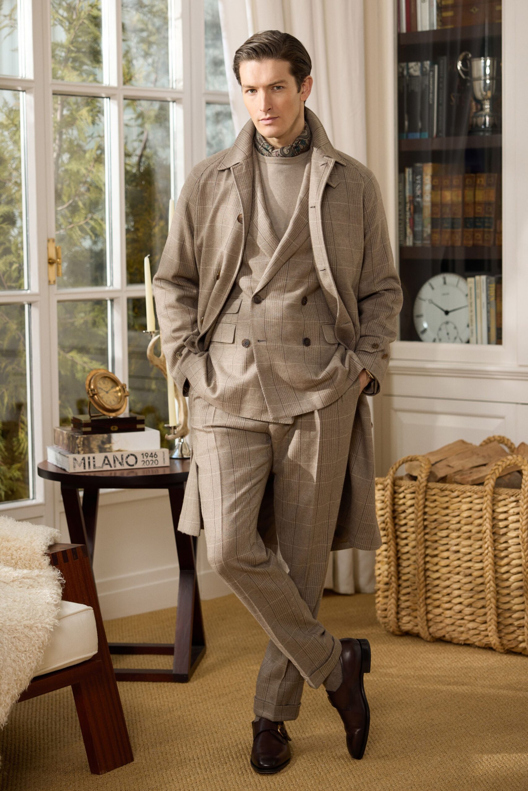 beige wool long-sleeve collared structured checked coat