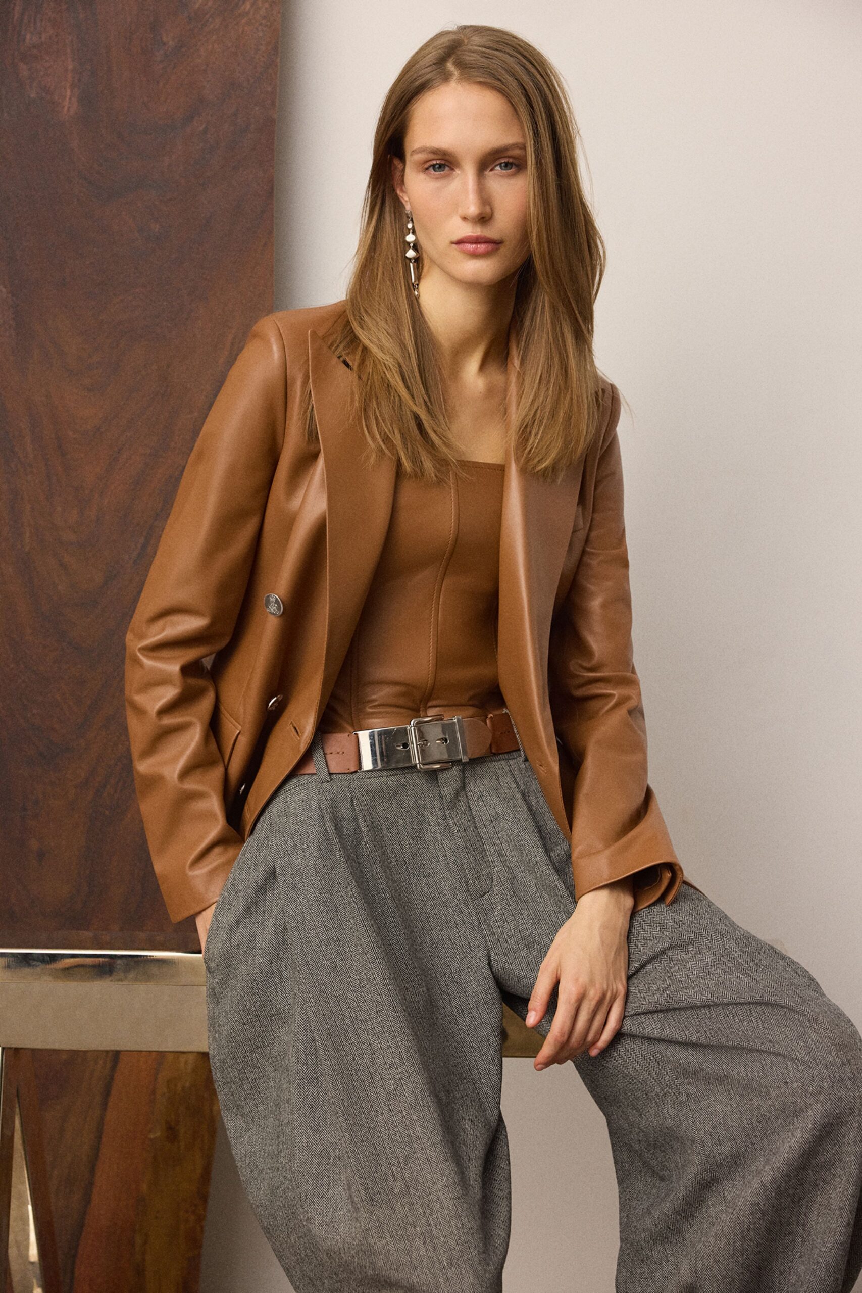 brown leather blazer and top