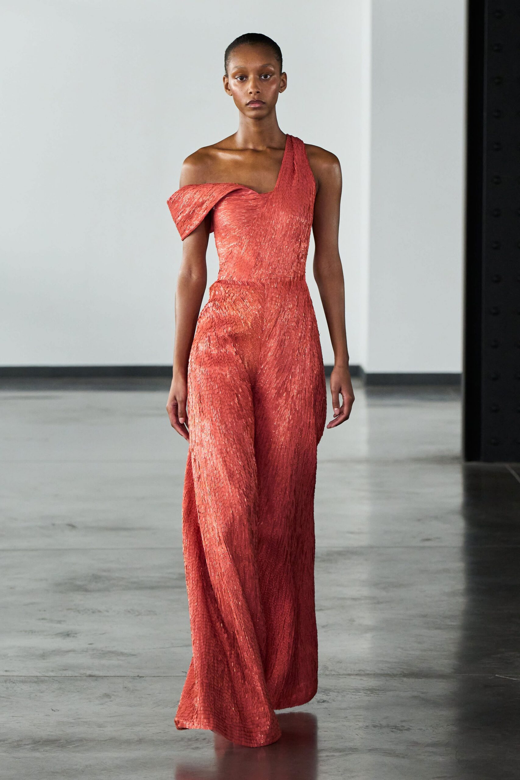 red silk off-shoulder gown
