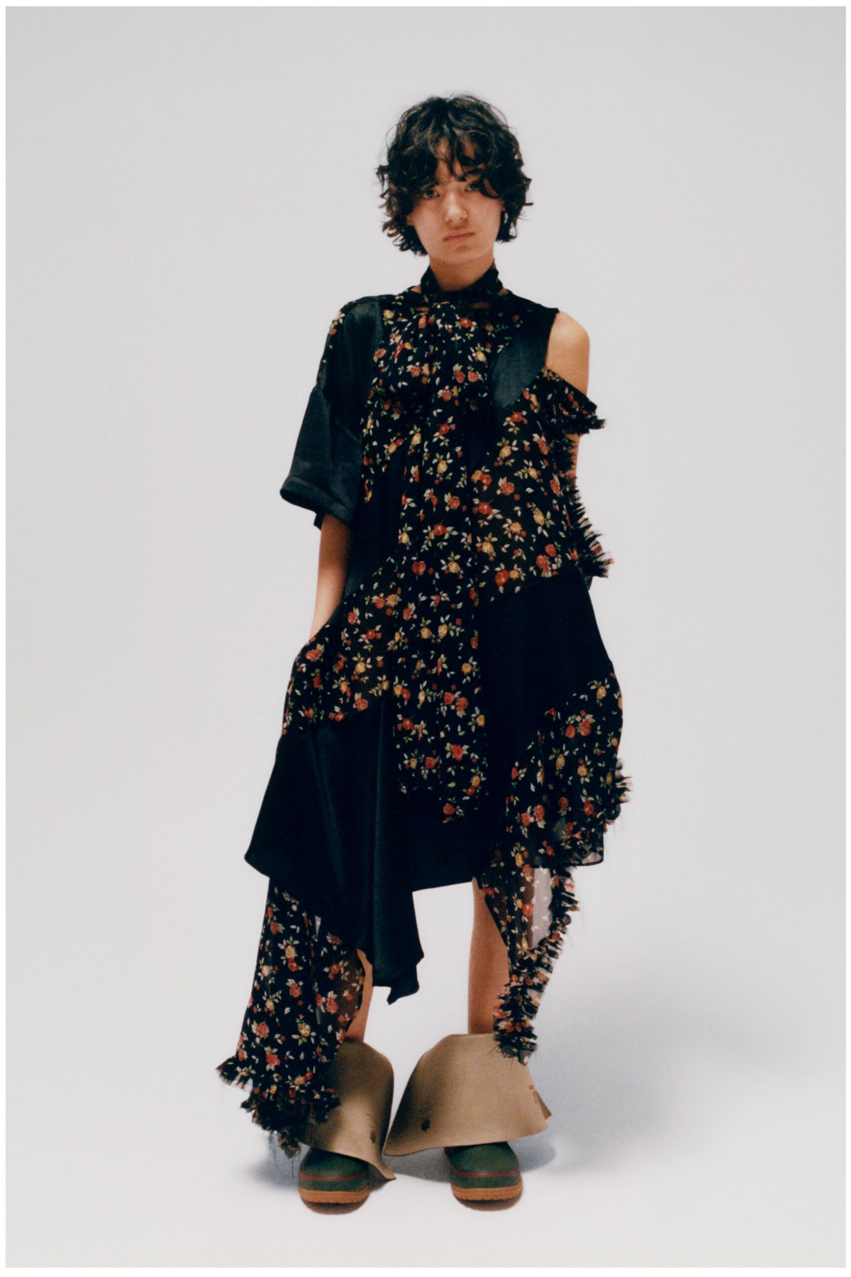 black cotton sleeveless asymmetric relaxed floral ruffled dress