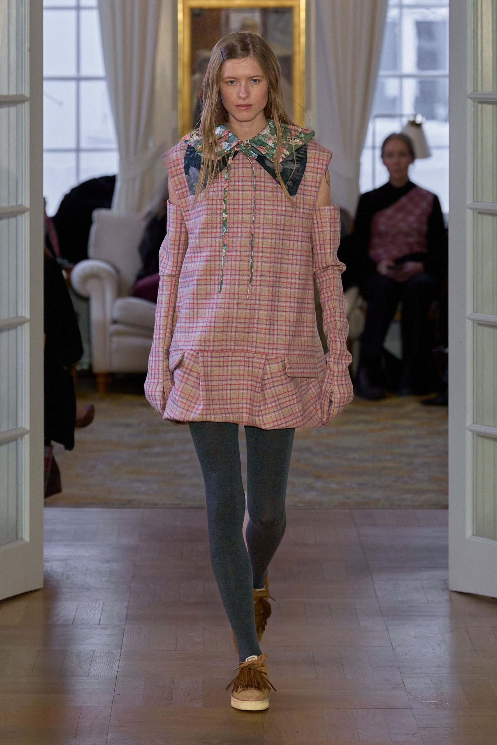 pink cotton long-sleeve collared oversized checked ruffled dress