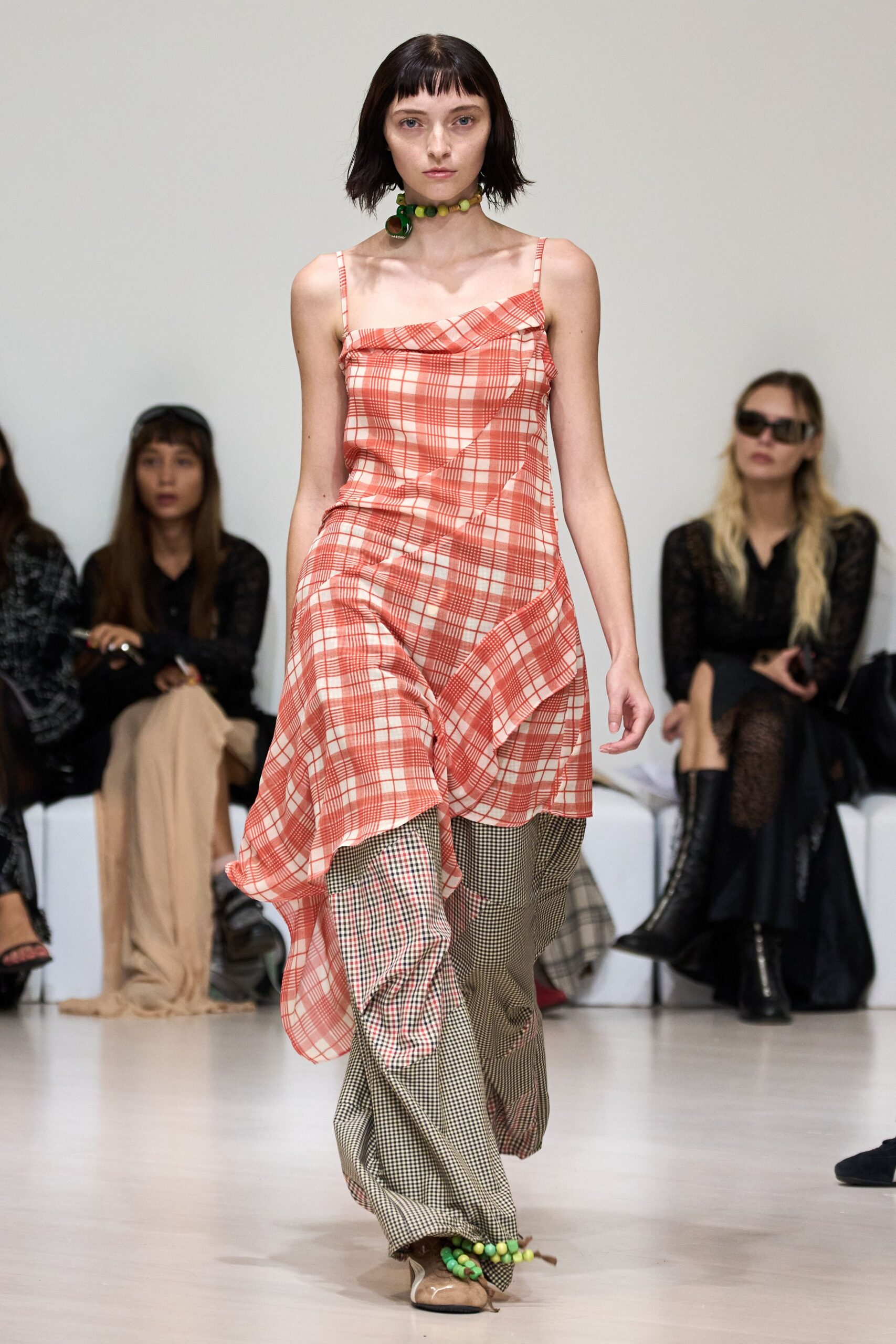 red cotton sleeveless v-neck relaxed checked layered dress