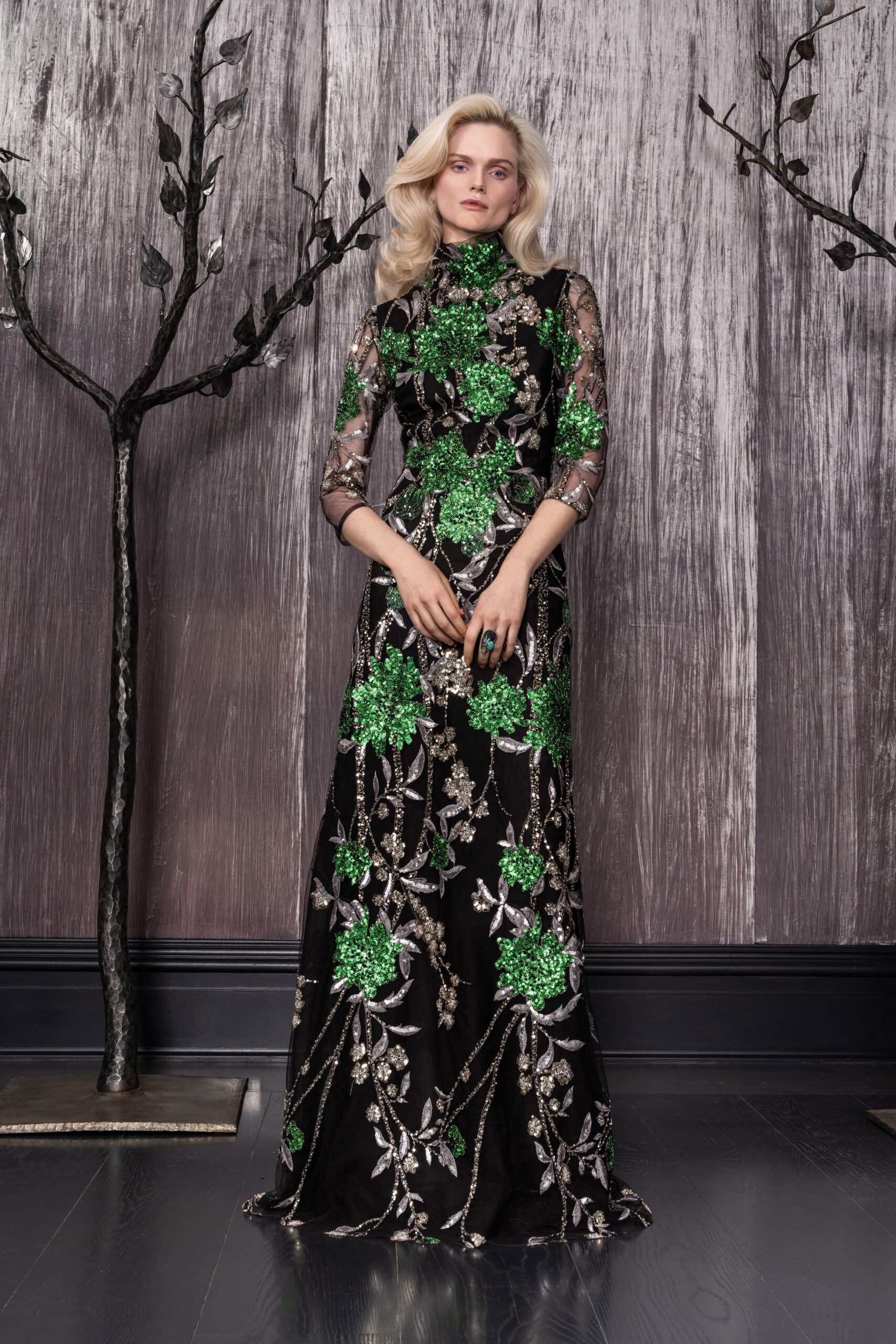 black and green embroidered gown