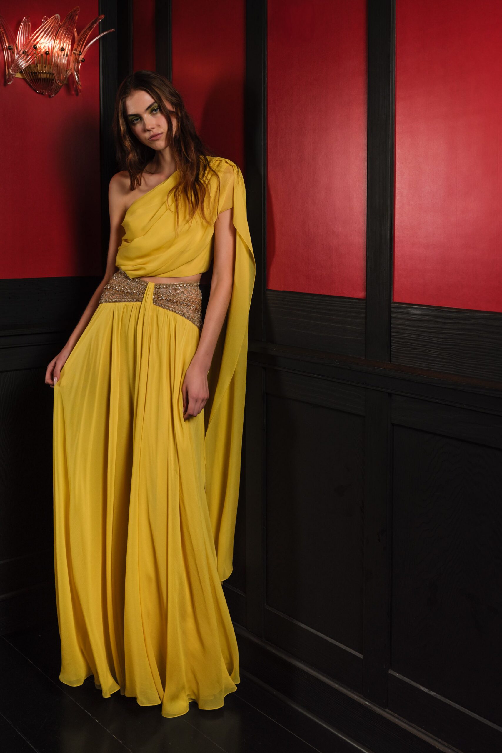 yellow silk asymmetric gown