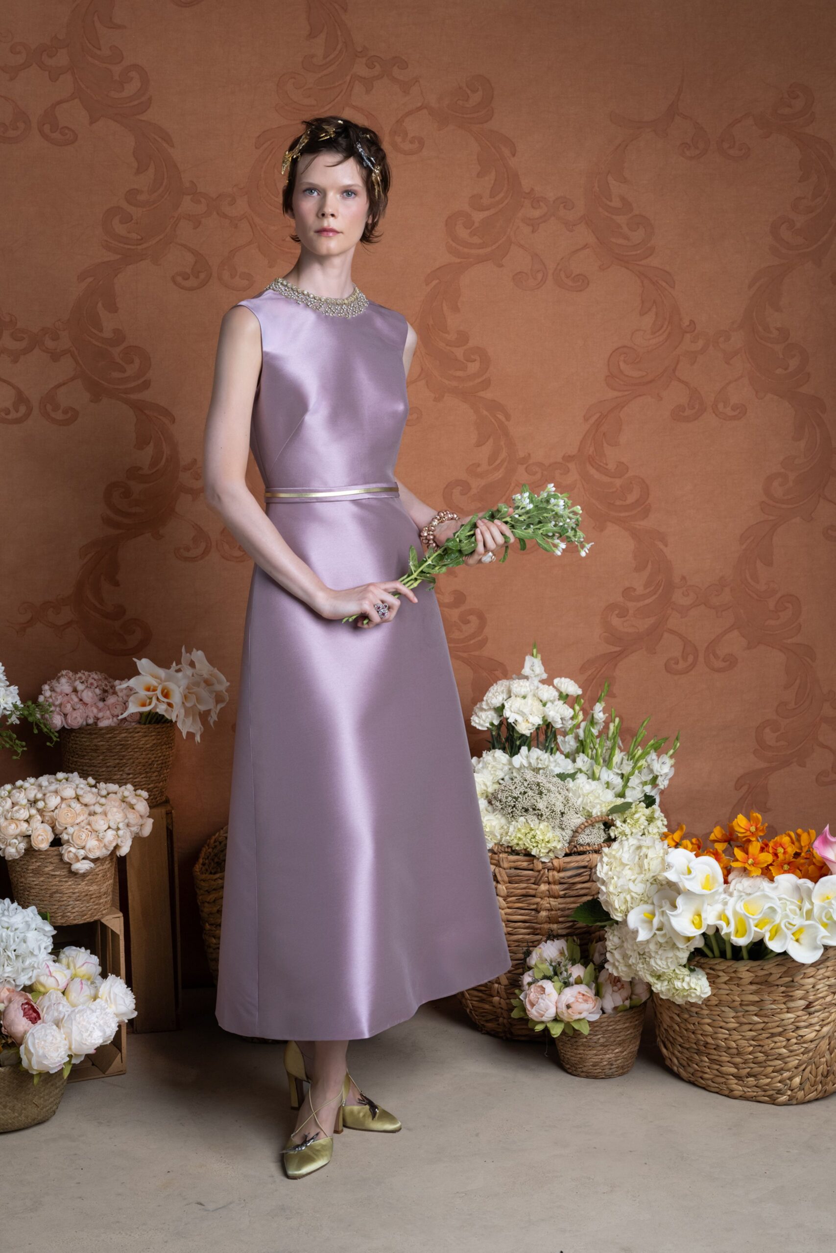 lavender satin sleeveless gown
