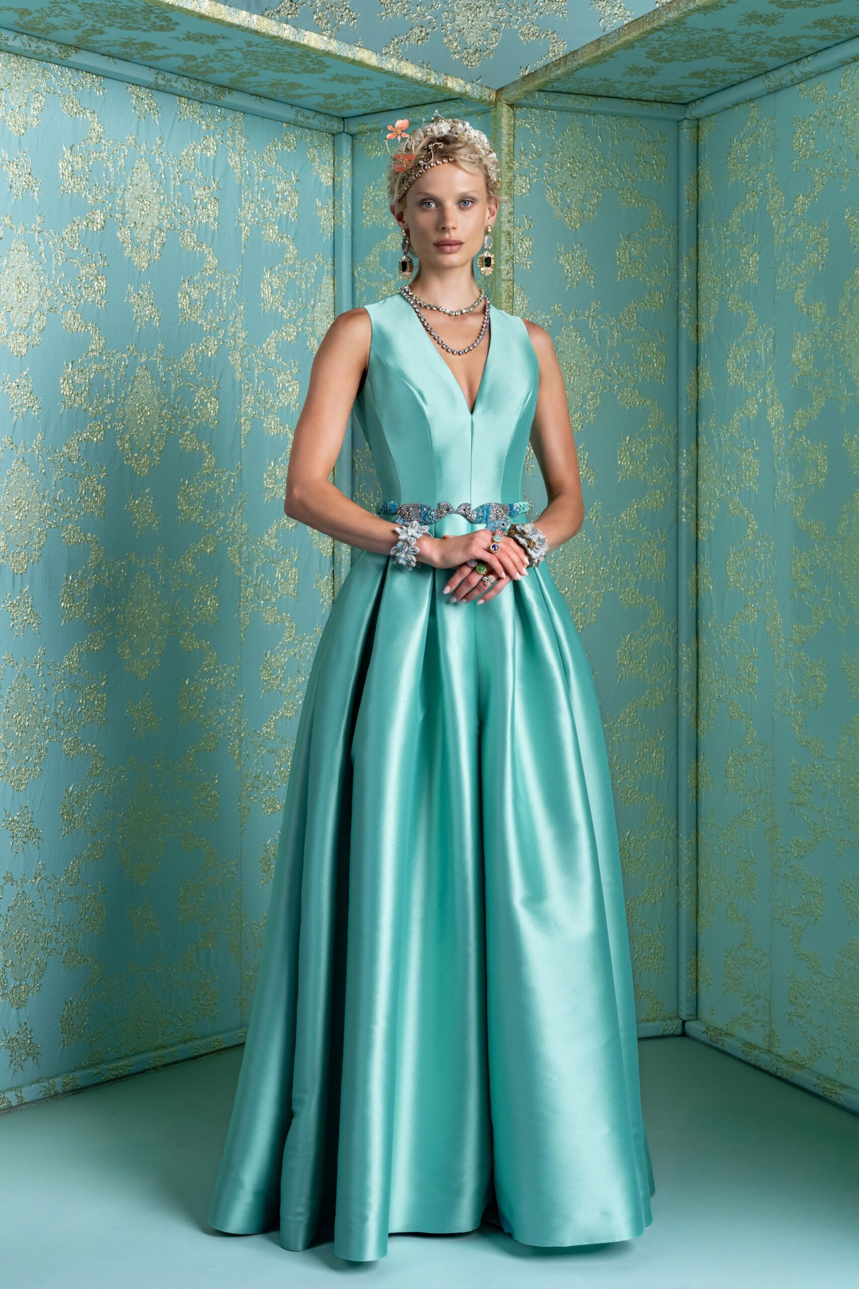aqua satin sleeveless gown