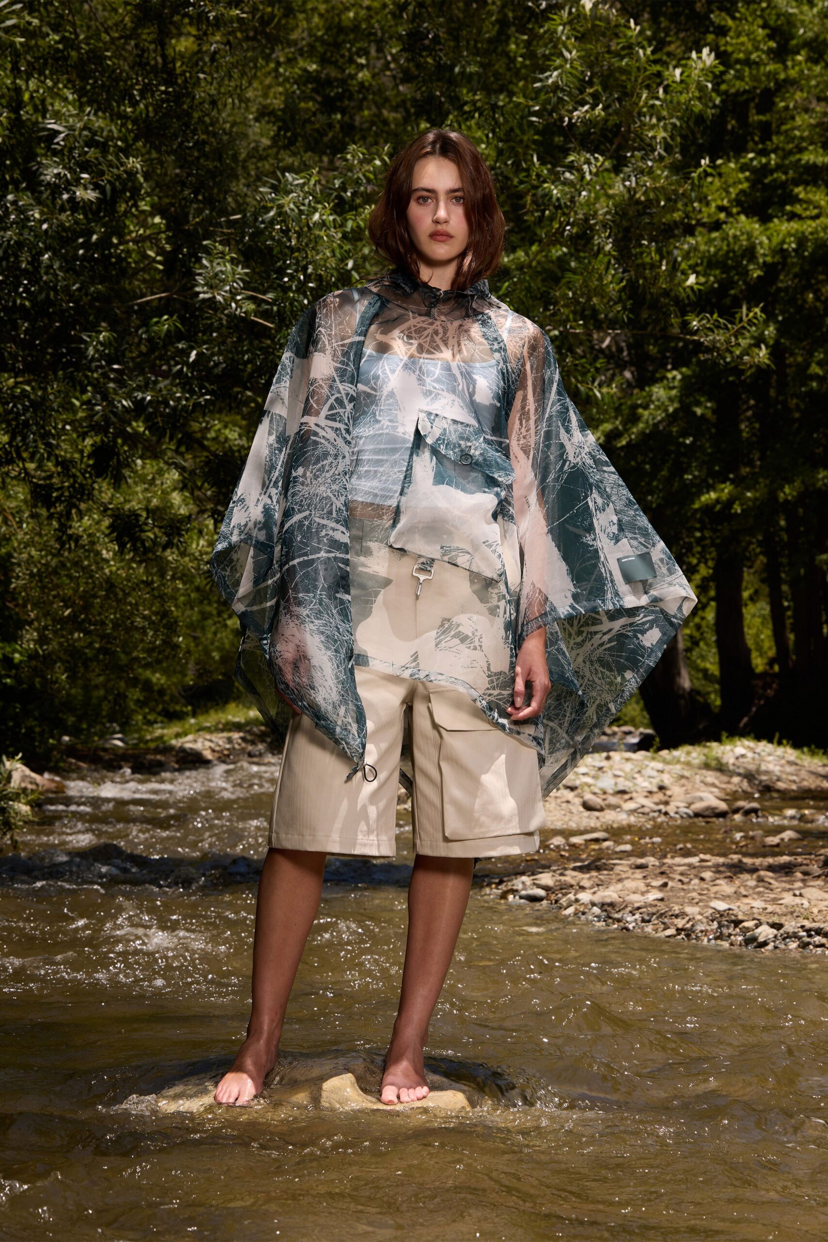 blue chiffon sleeveless relaxed printed flowing cape