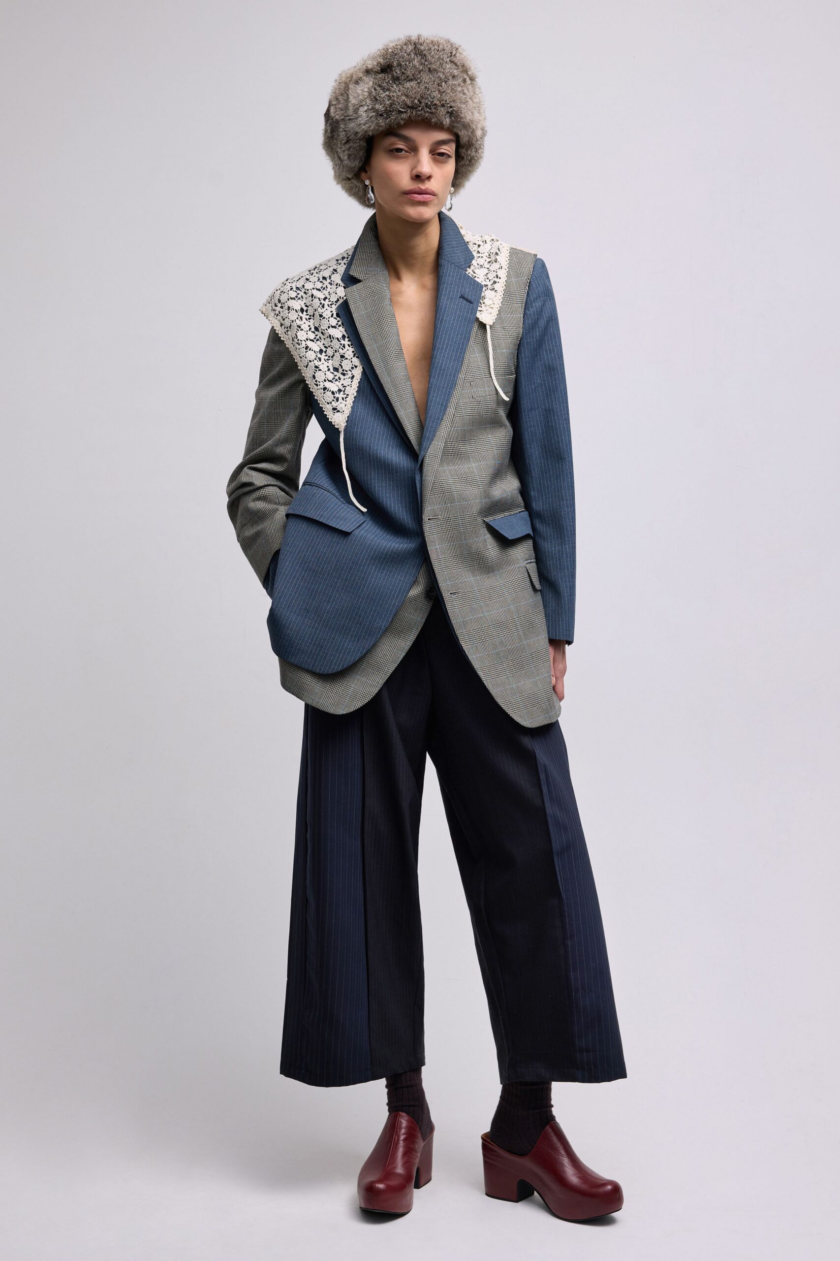 blue cotton long-sleeve collared tailored buttoned layered blazer