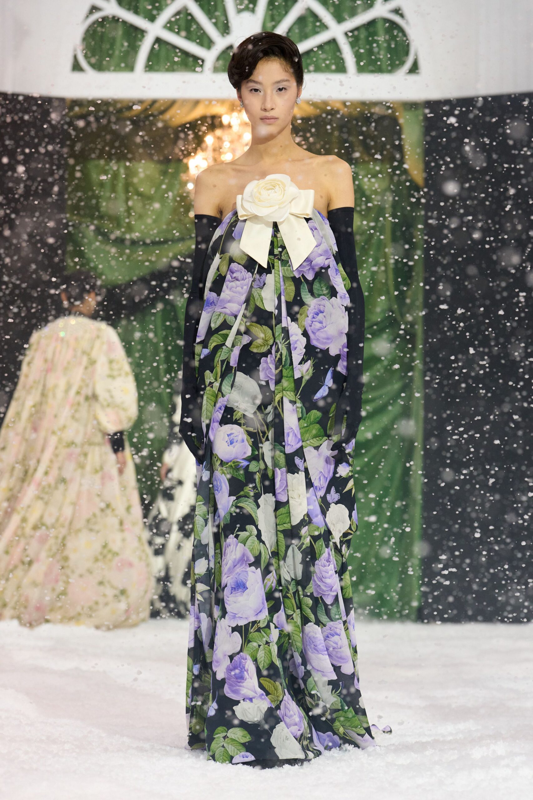 floral black silk gown with gloves