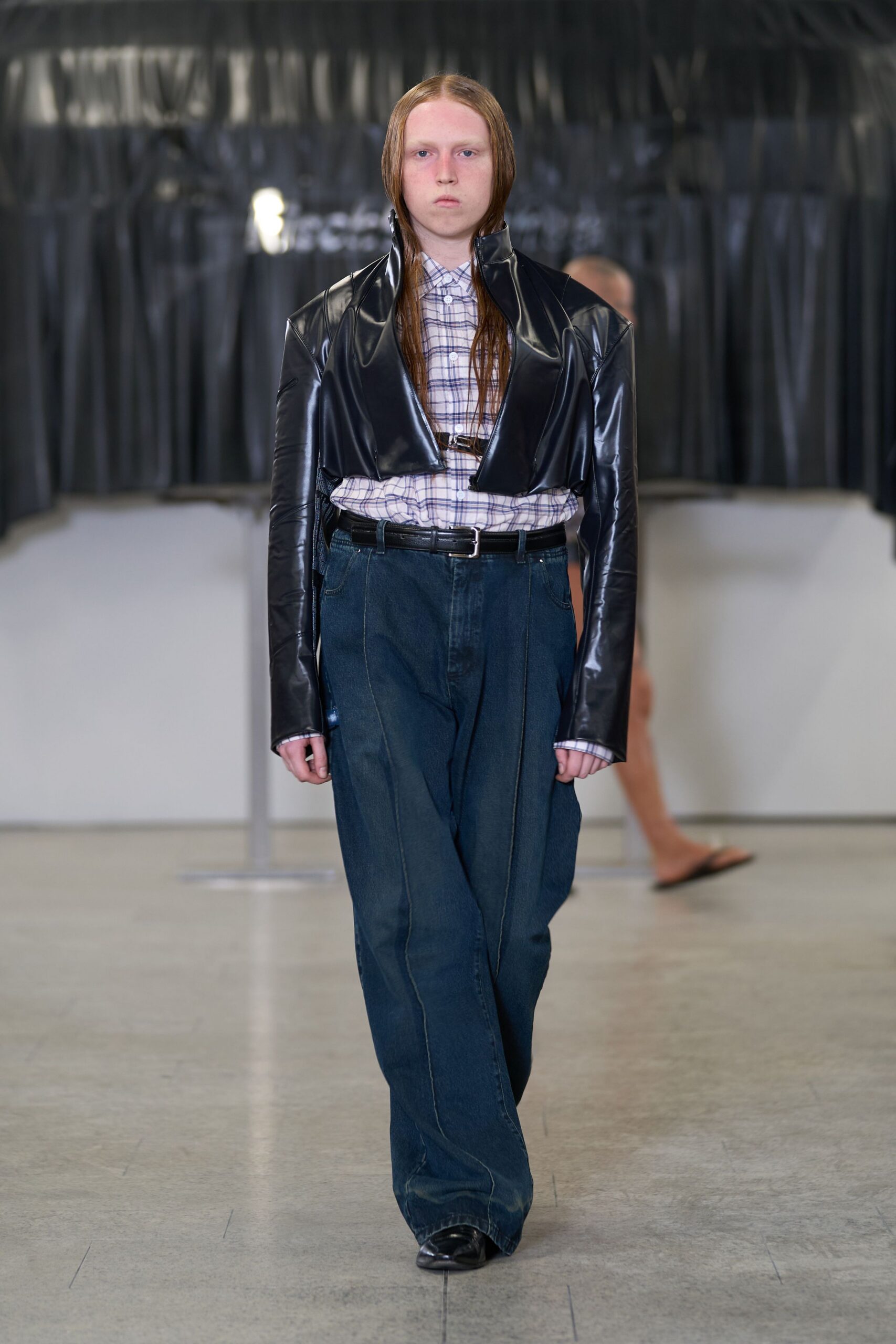 black leather jacket with checked shirt