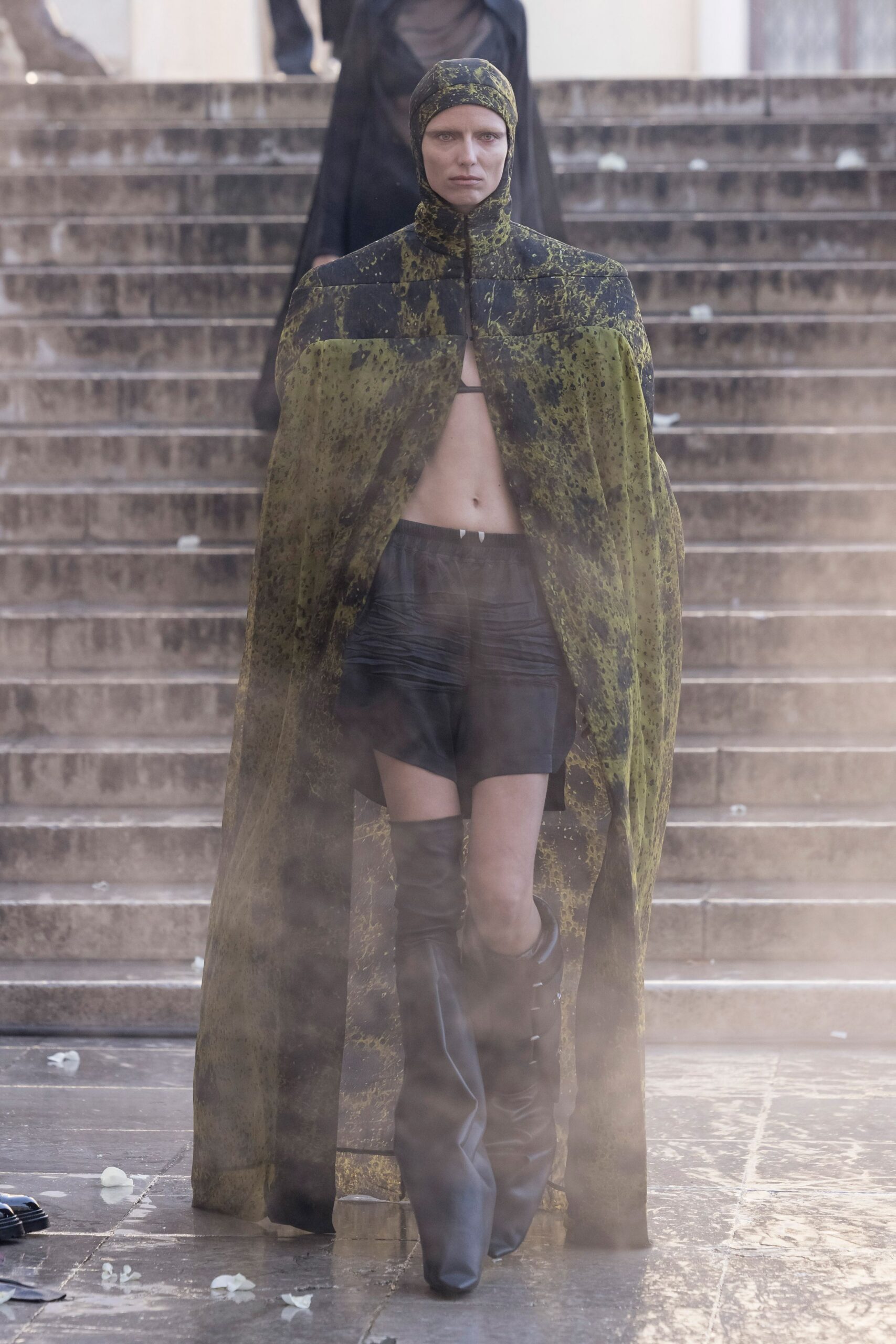green silk sleeveless relaxed layered flowing cape
