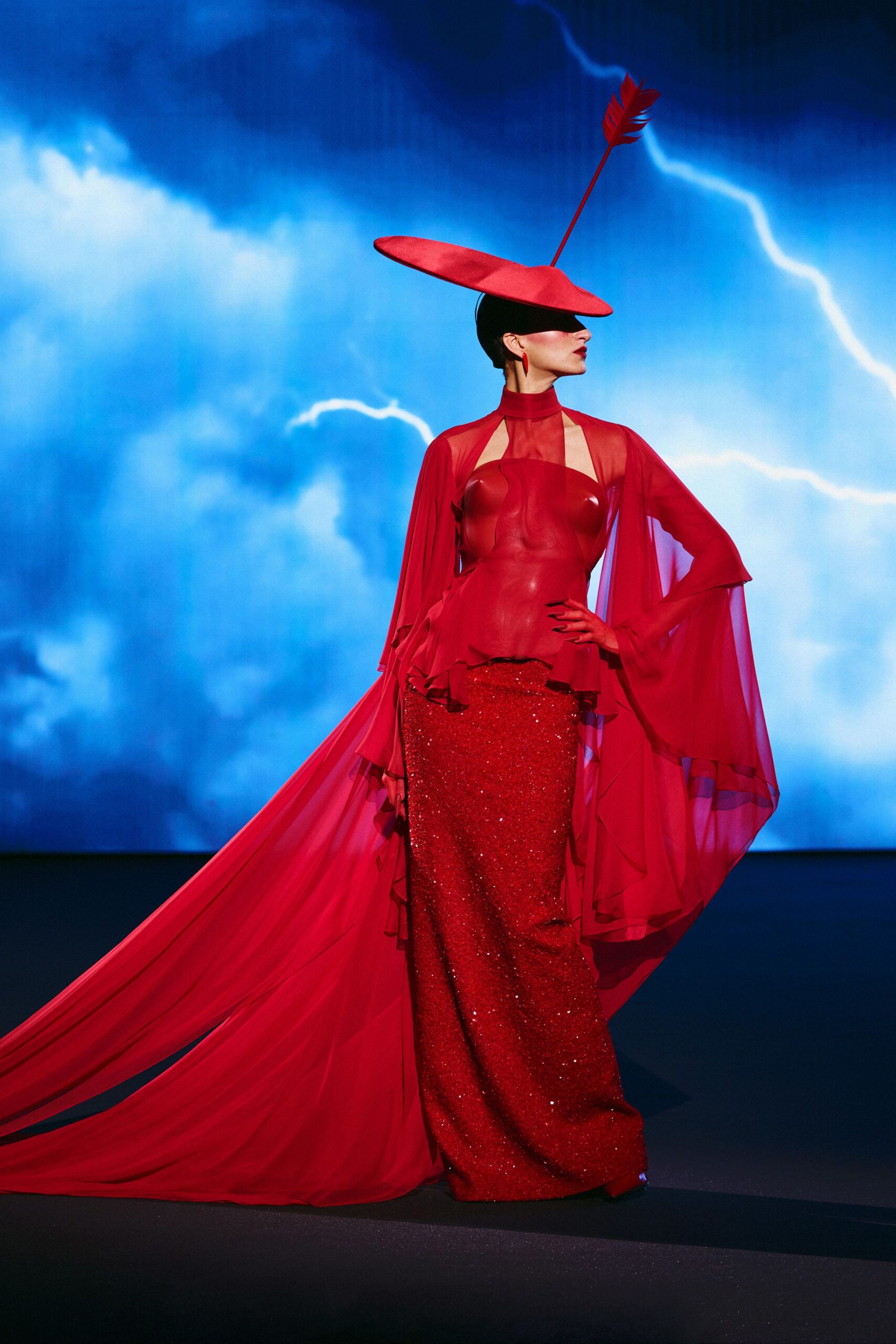 red silk long-sleeve high-neck fitted pleated sequined gown