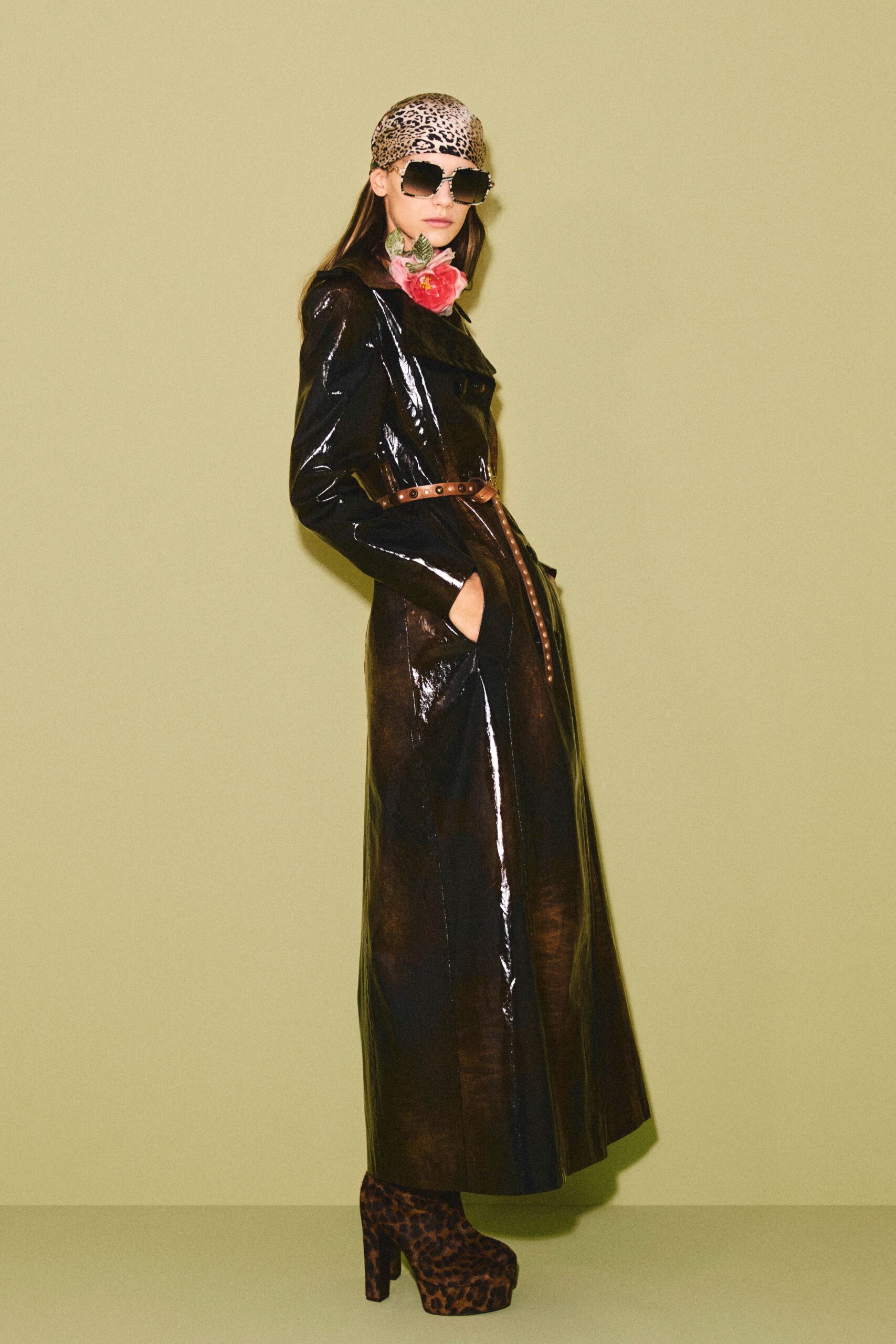 black vinyl long-sleeve collared fitted zippered belted trench