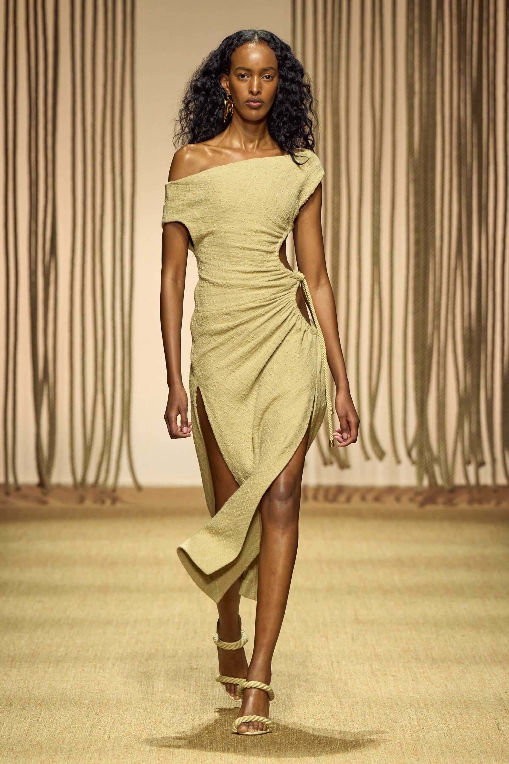 green cotton off-shoulder slit fitted draped midi dress