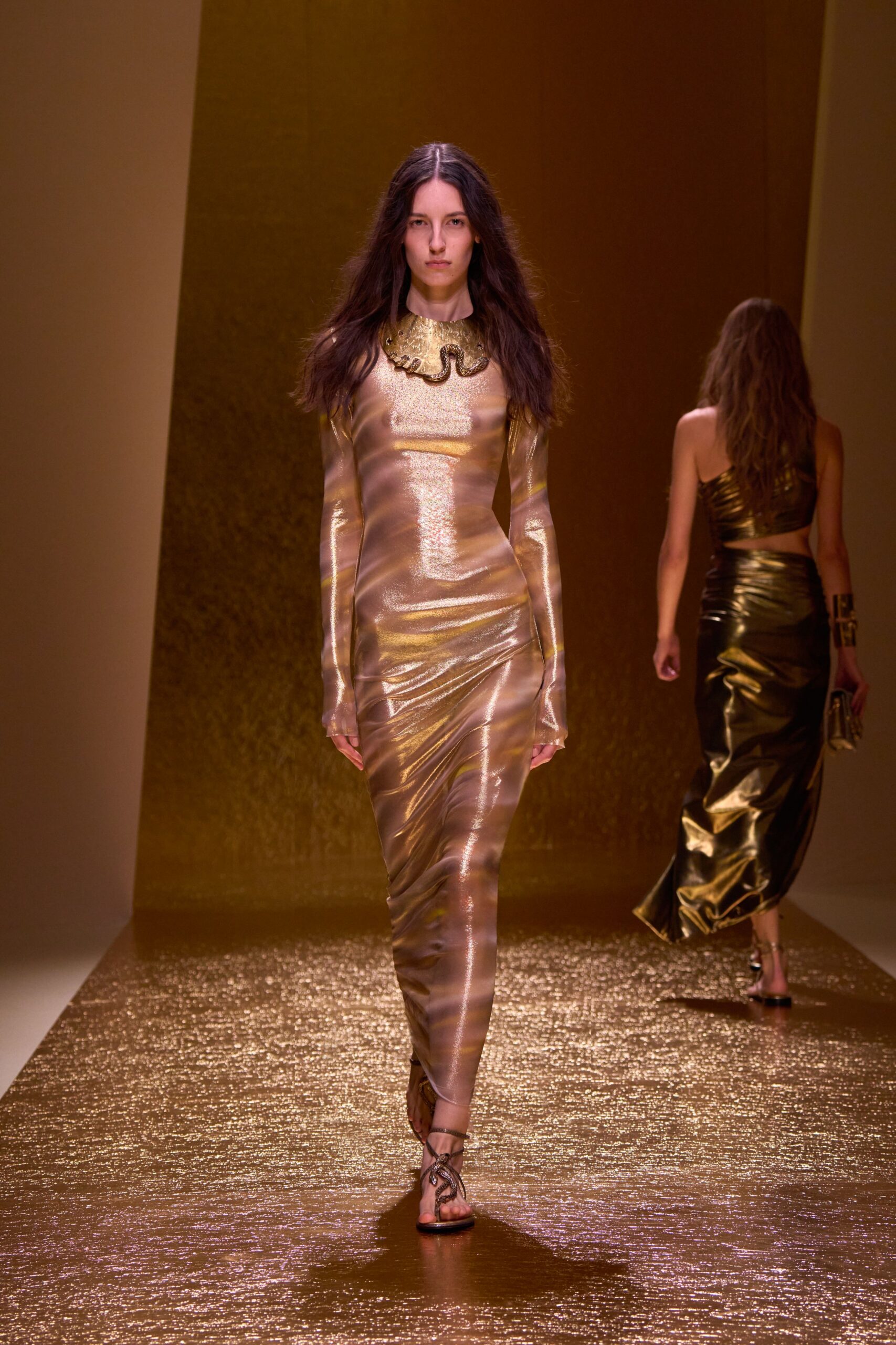 gold metallic long-sleeve high-neck fitted ruched shiny gown