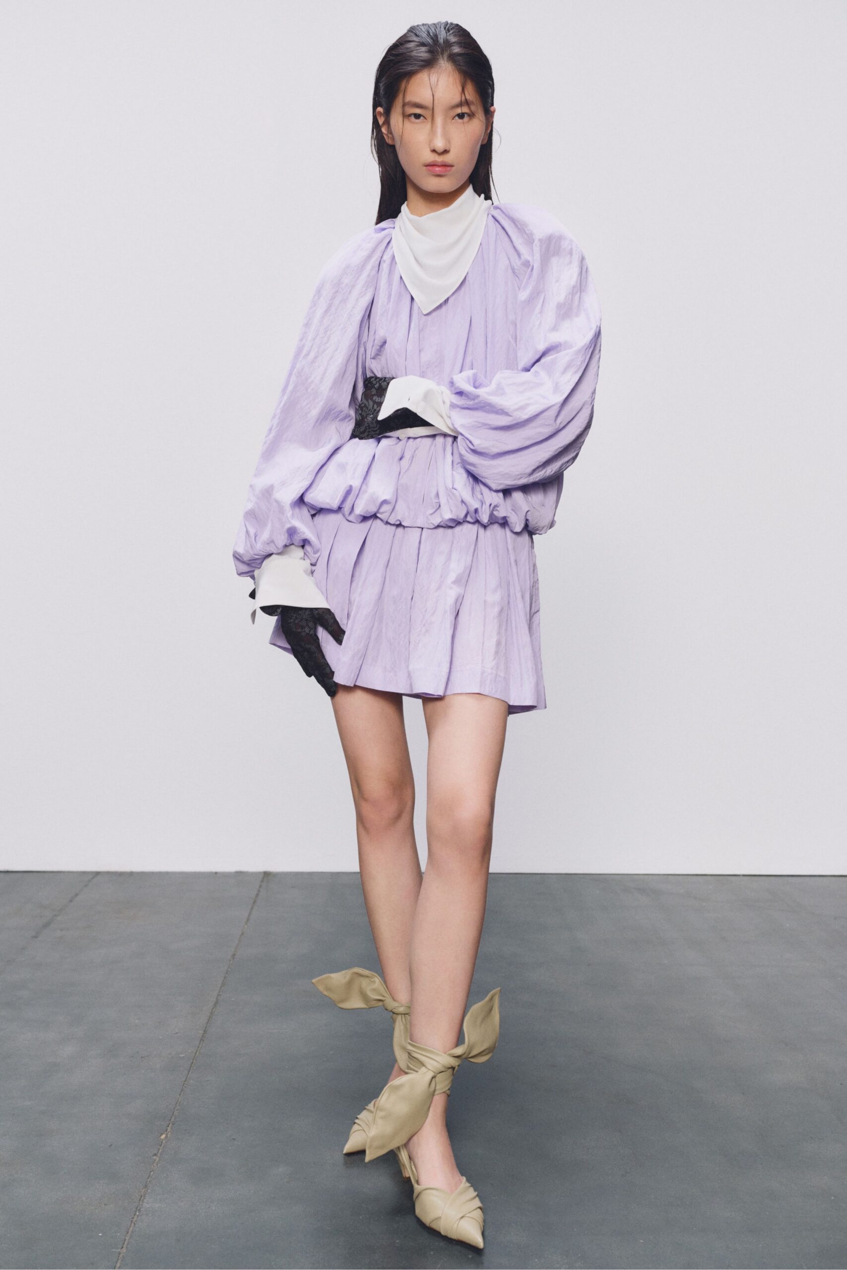 purple cotton long-sleeve v-neck fitted pleated ruffled dress