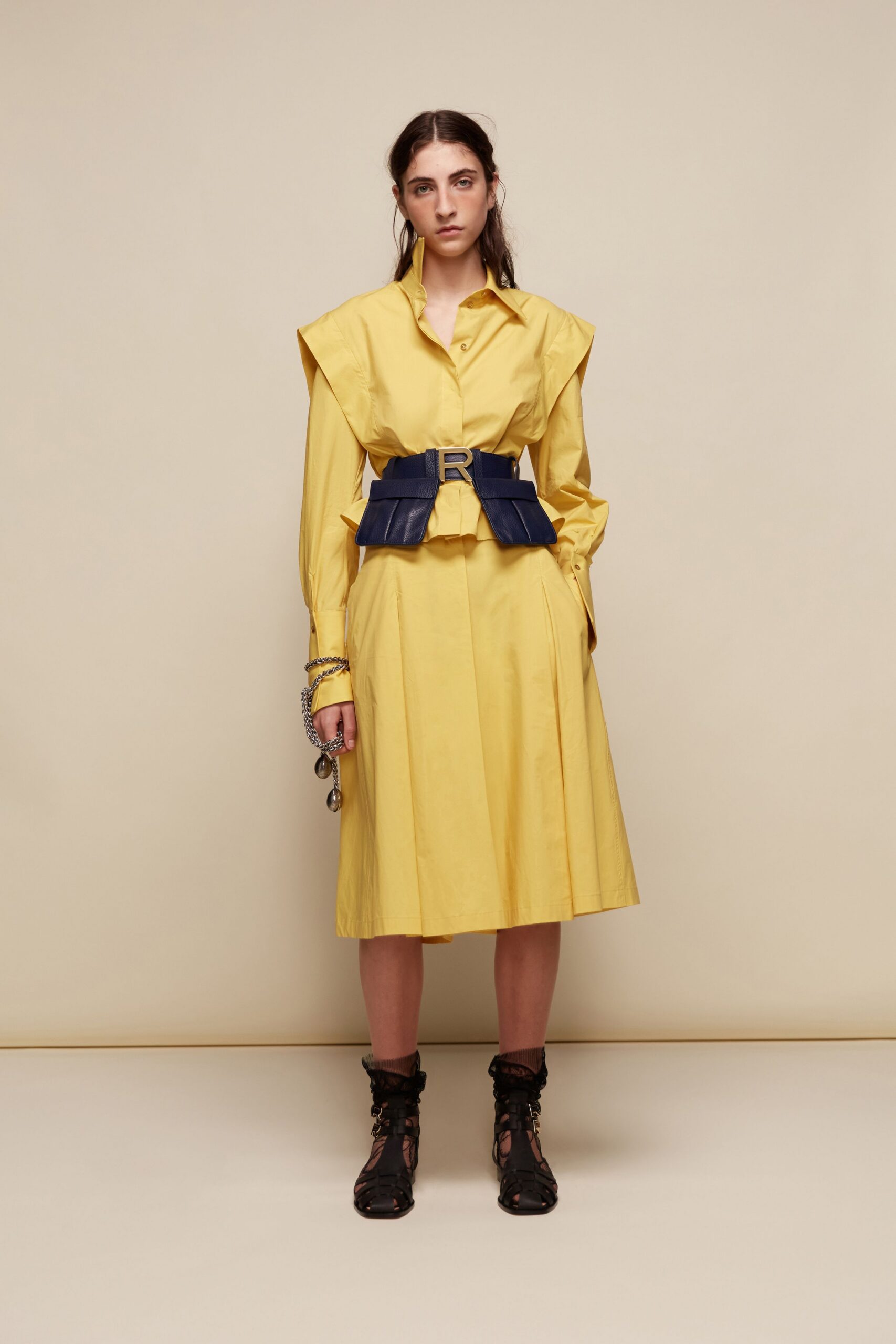 yellow cotton long-sleeve collared fitted pleated belted dress