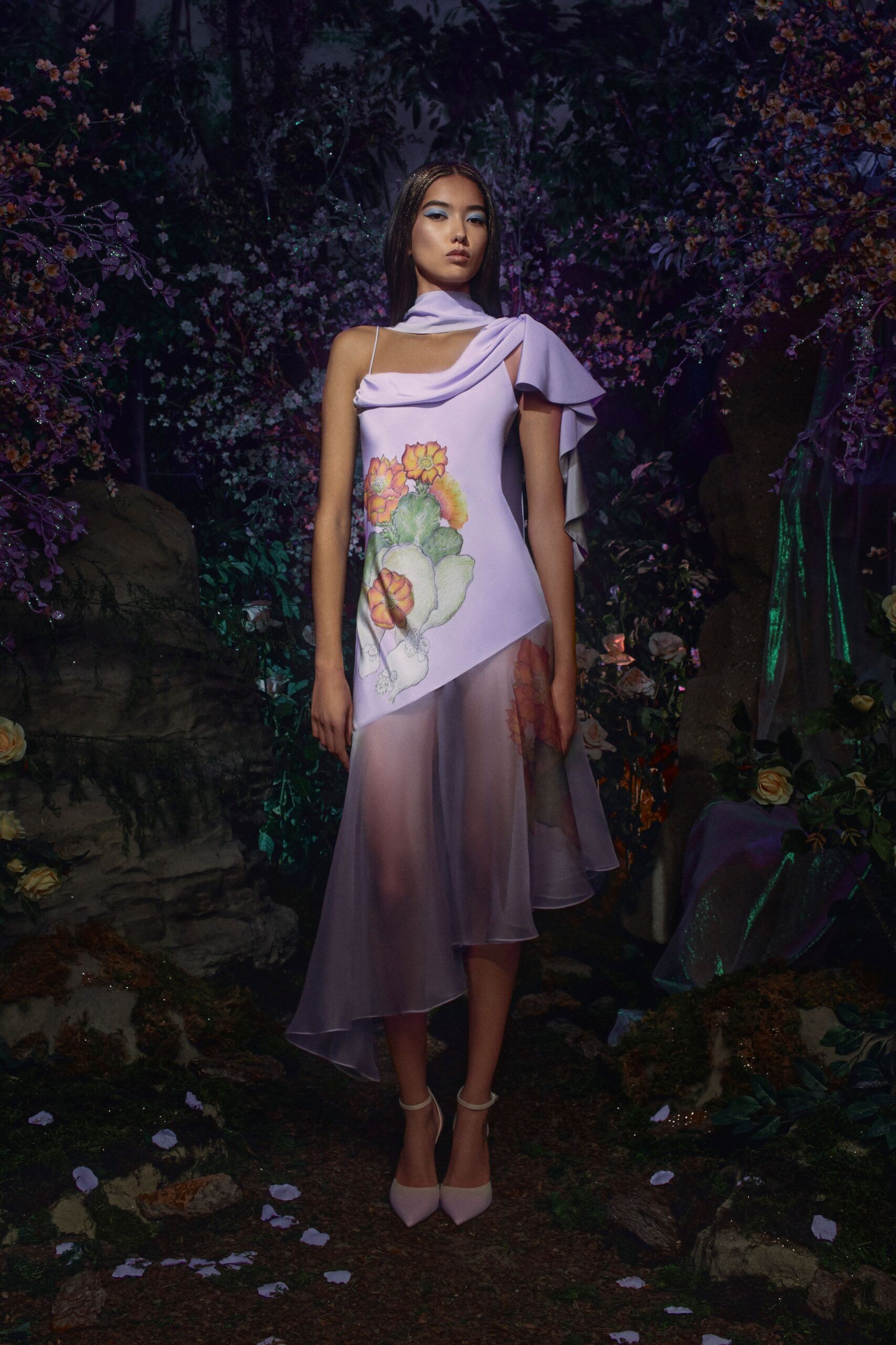 purple silk sleeveless asymmetric fitted floral draped dress