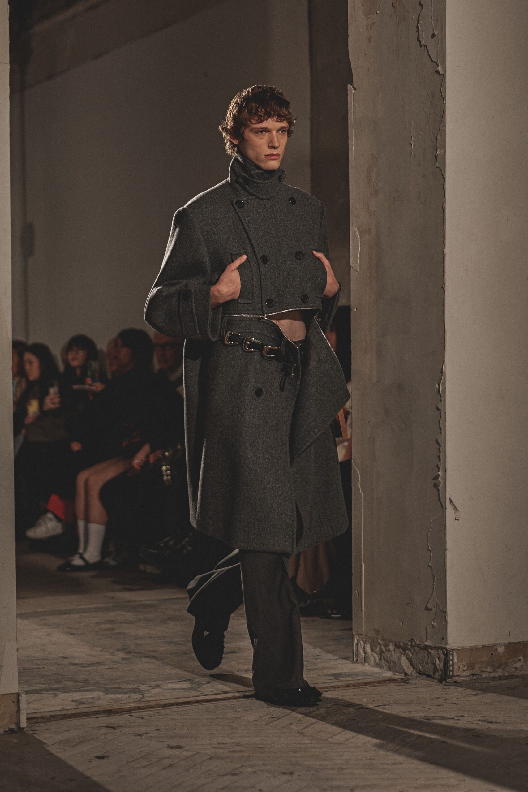 gray wool long-sleeve collared structured belted coat