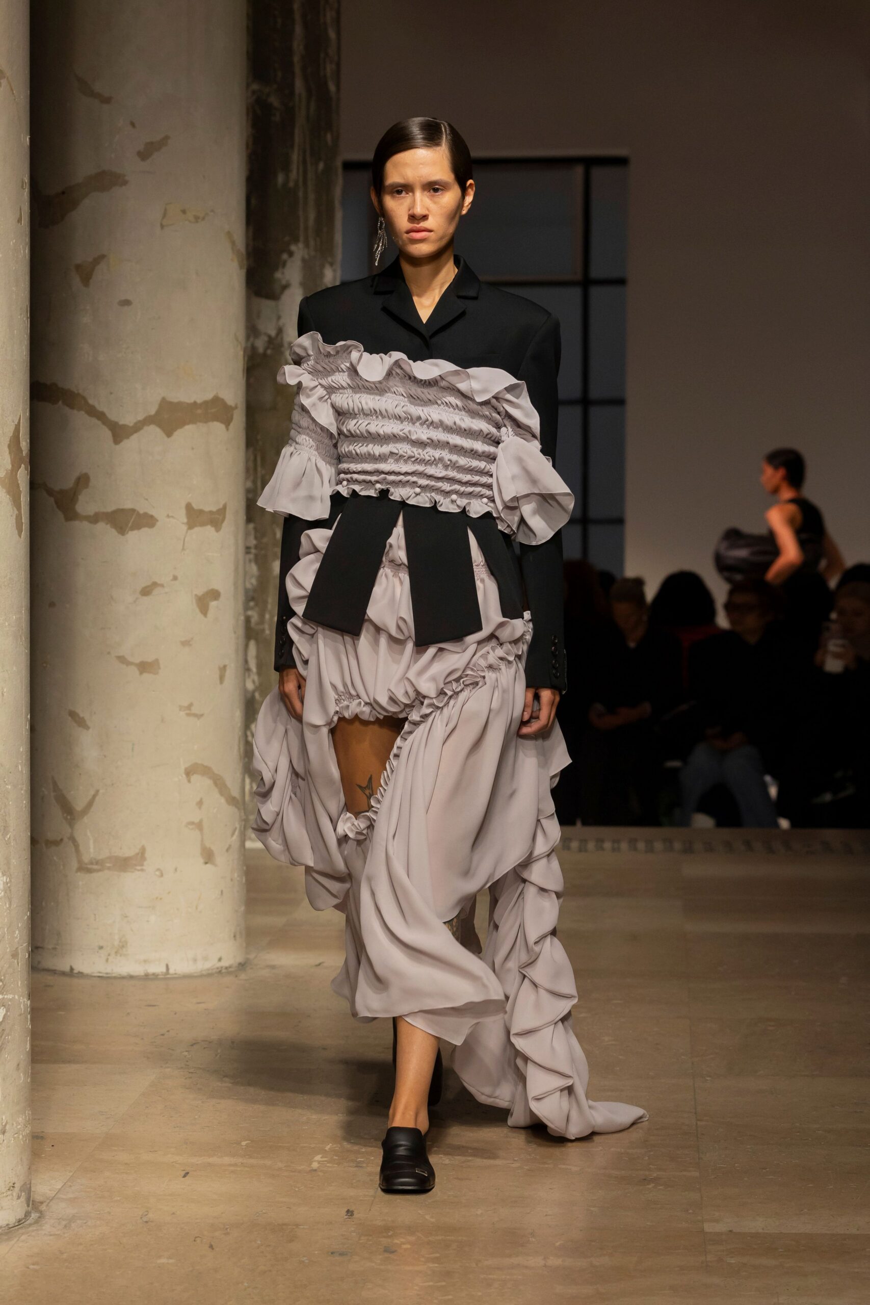 black silk long-sleeve v-neck fitted ruffled layered dress