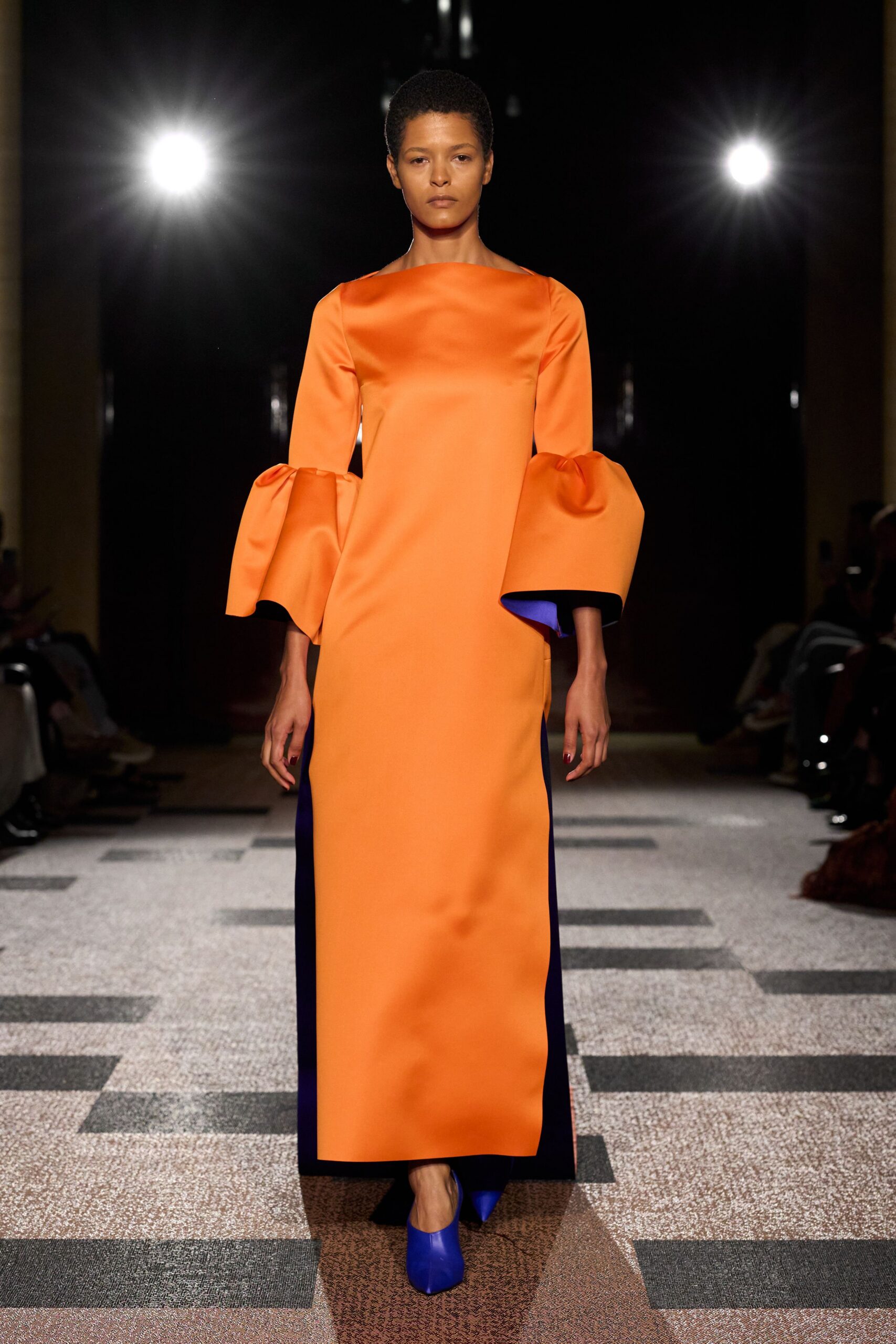 orange silk long-sleeve high-neck fitted flared color-blocked dress