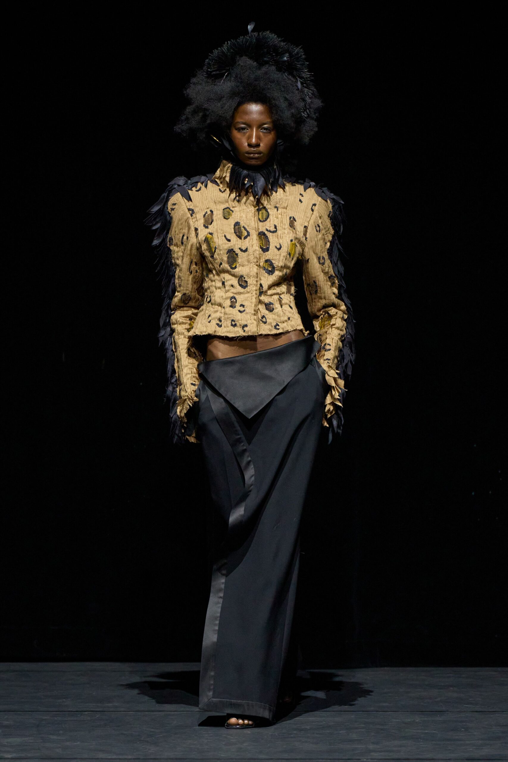 gold silk long-sleeve collared fitted animal-print ruffled jacket