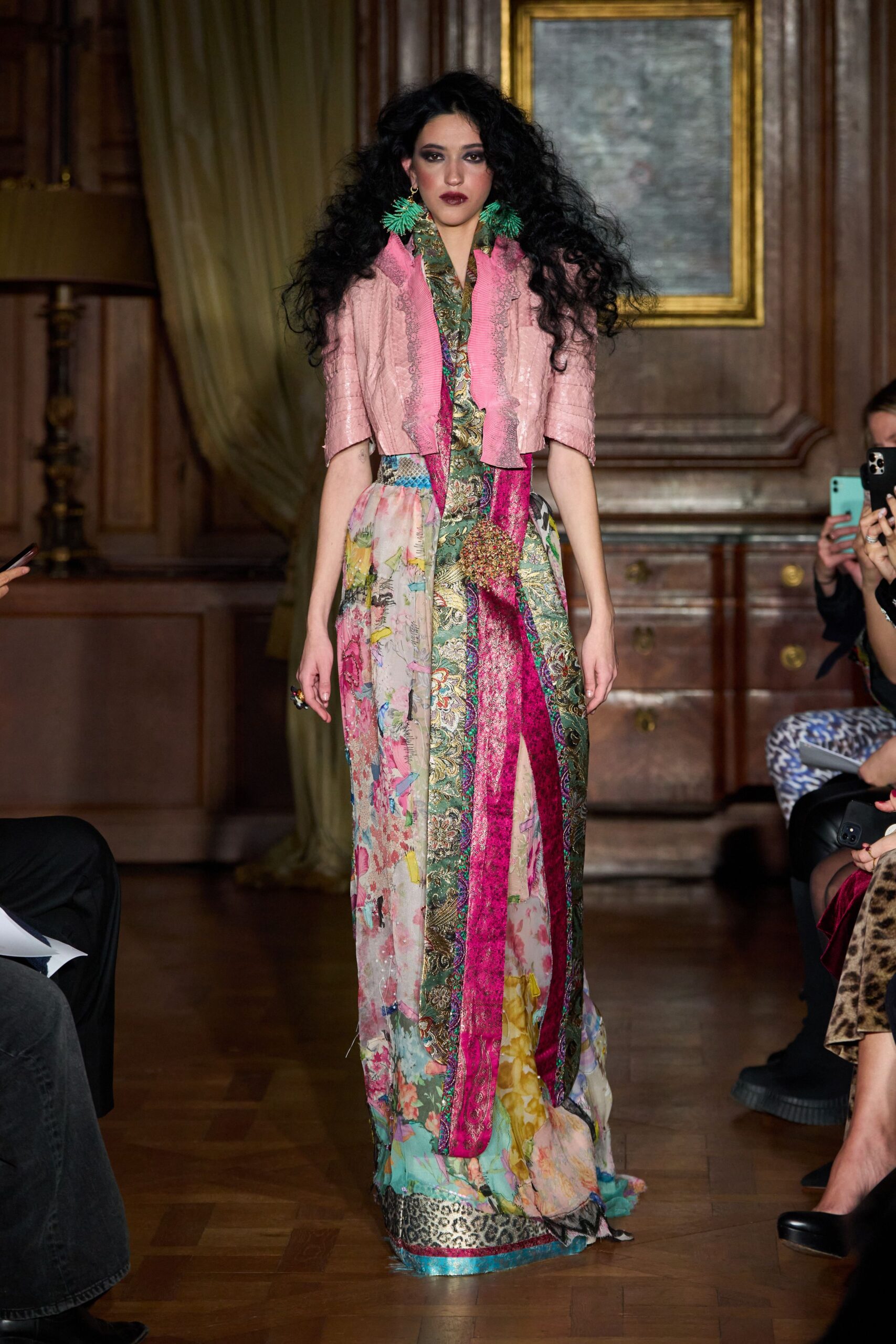 multi silk sleeveless v-neck fitted floral layered gown
