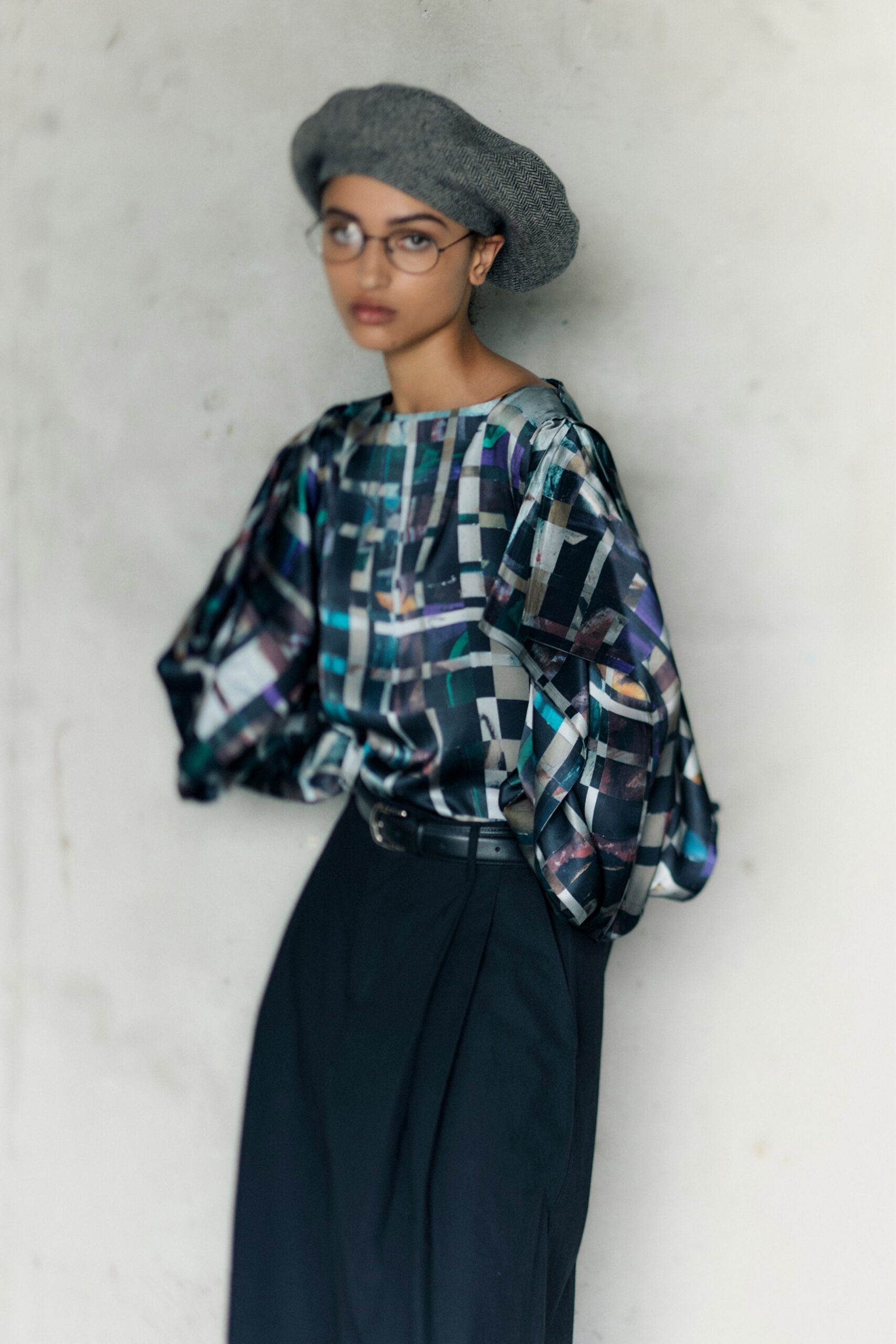 multi silk long-sleeve collared relaxed pleated top