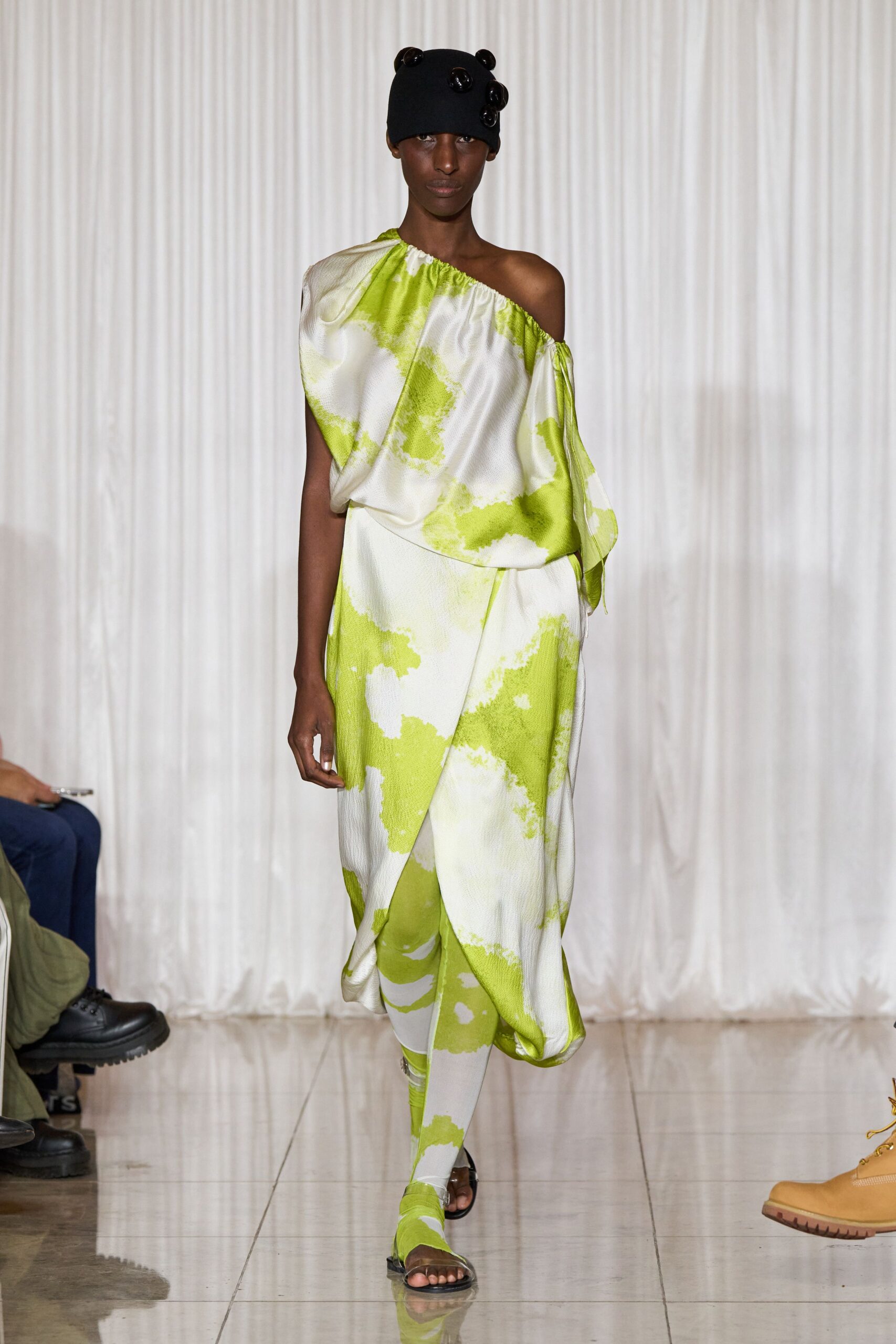 white silk asymmetric off-shoulder relaxed draped flowing dress