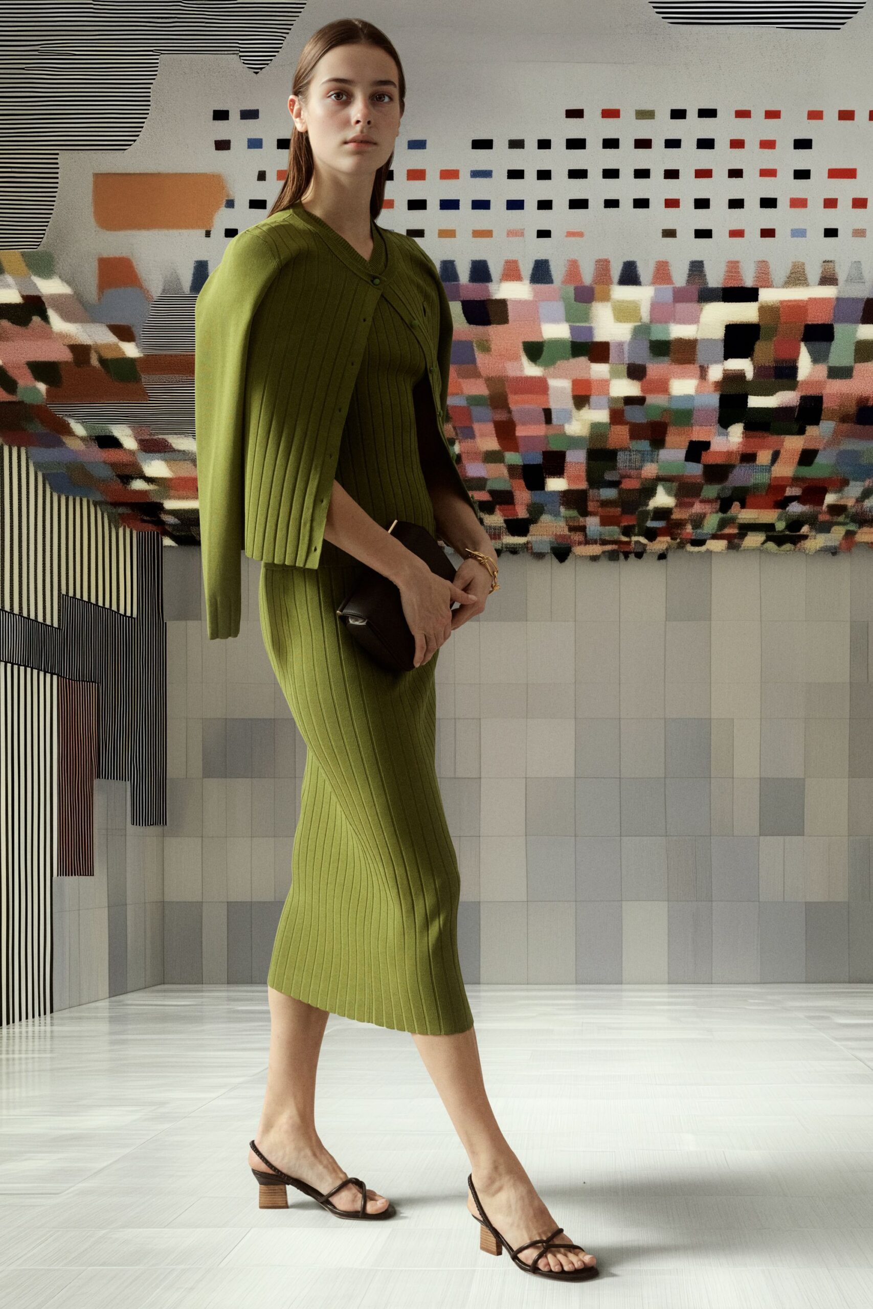 green knit long-sleeve v-neck fitted ribbed midi dress
