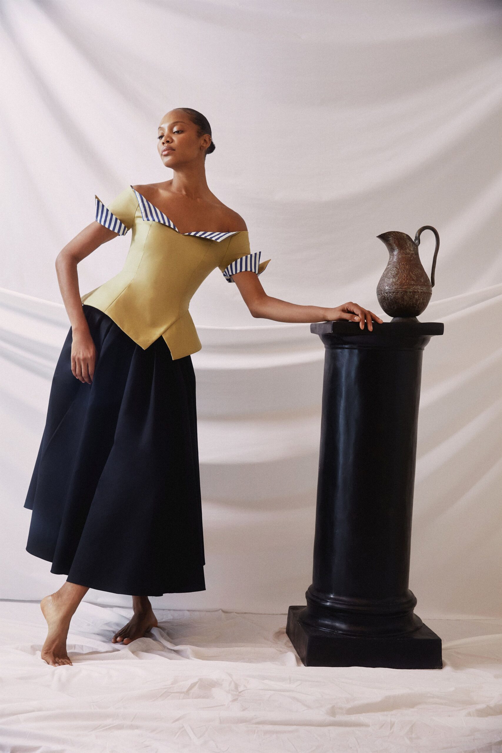 yellow off-shoulder fitted striped top