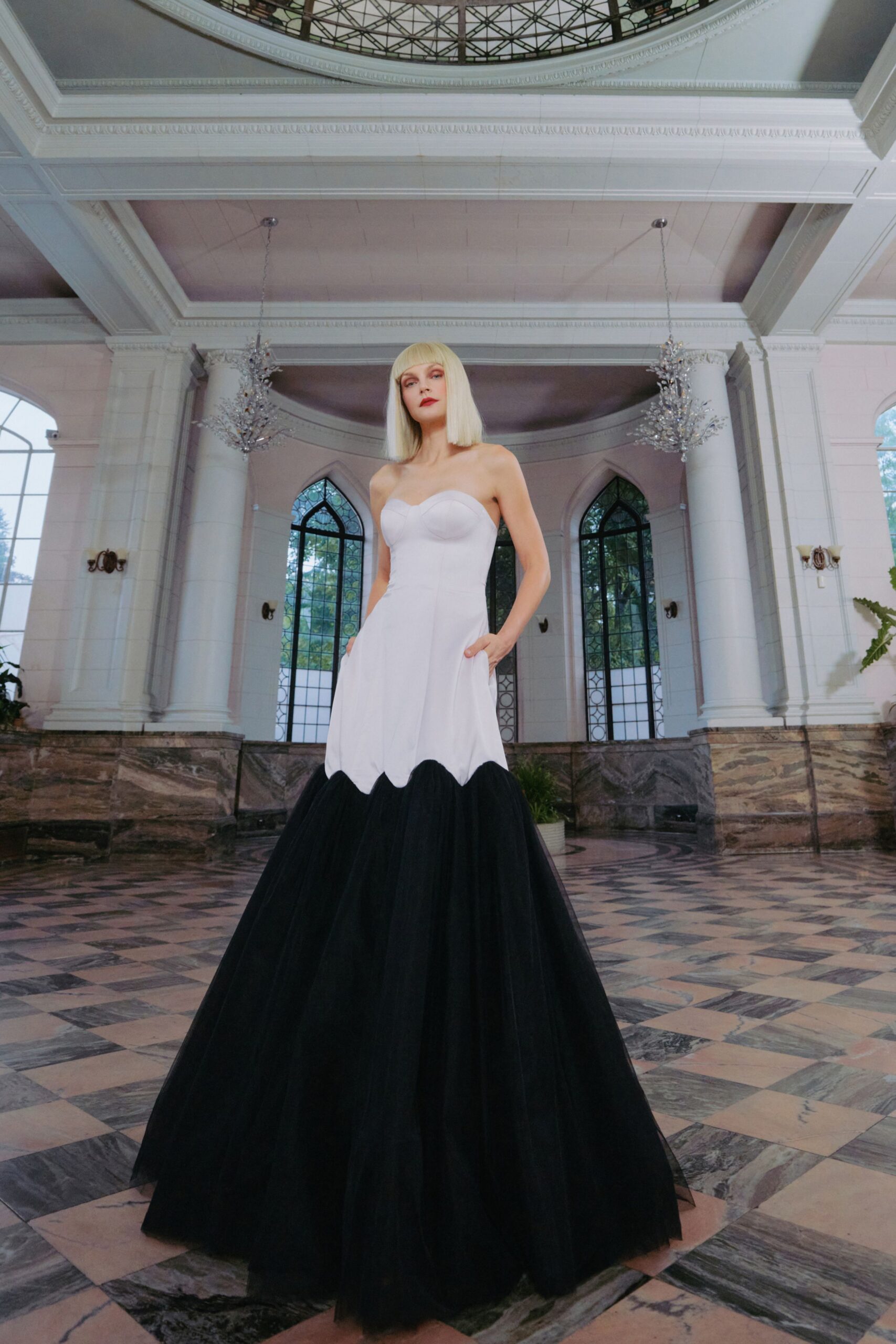 white and black strapless gown