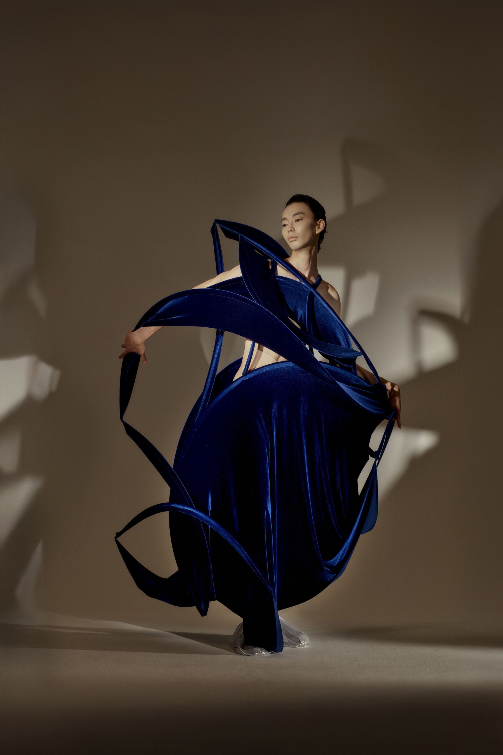 blue velvet sleeveless gown