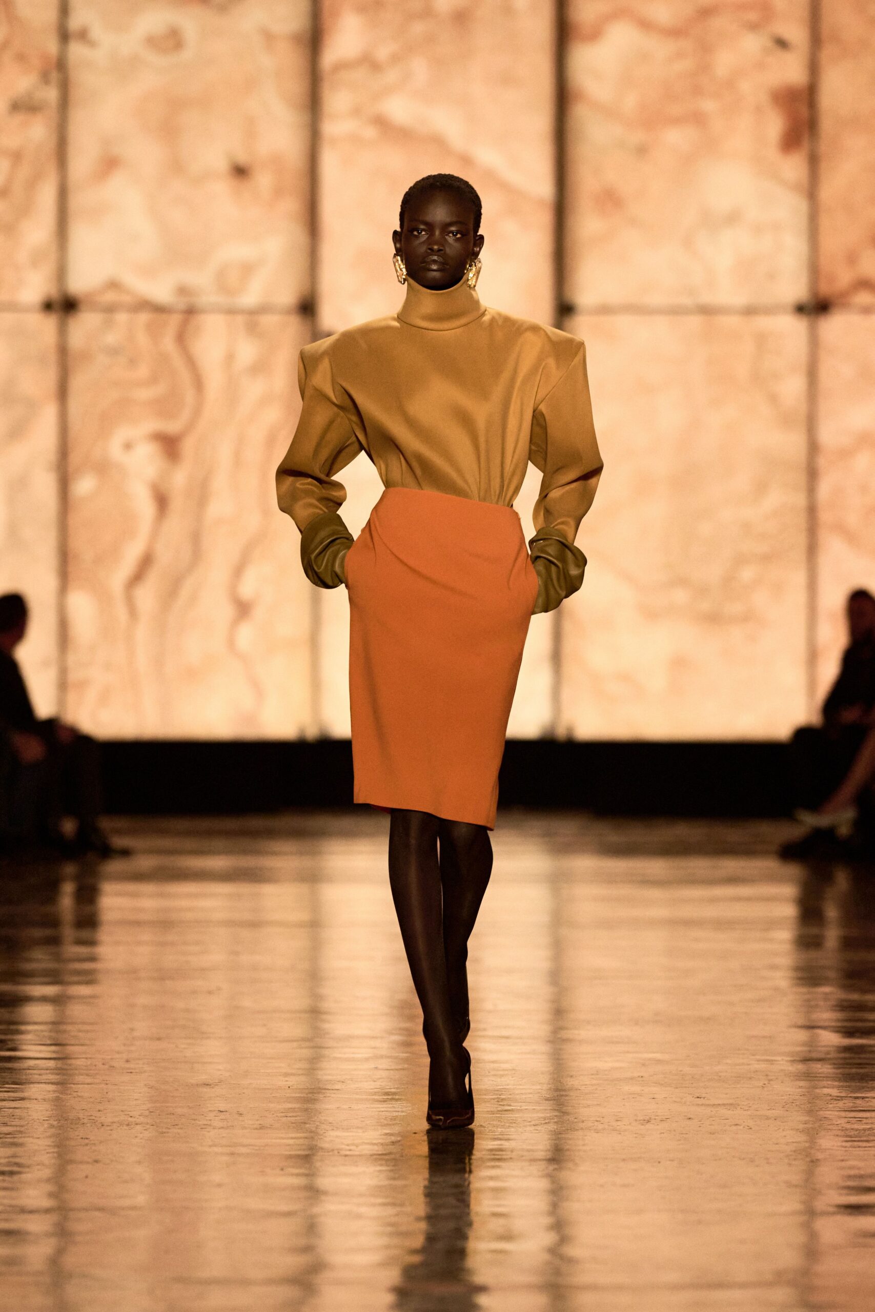 orange cotton fitted pencil skirt