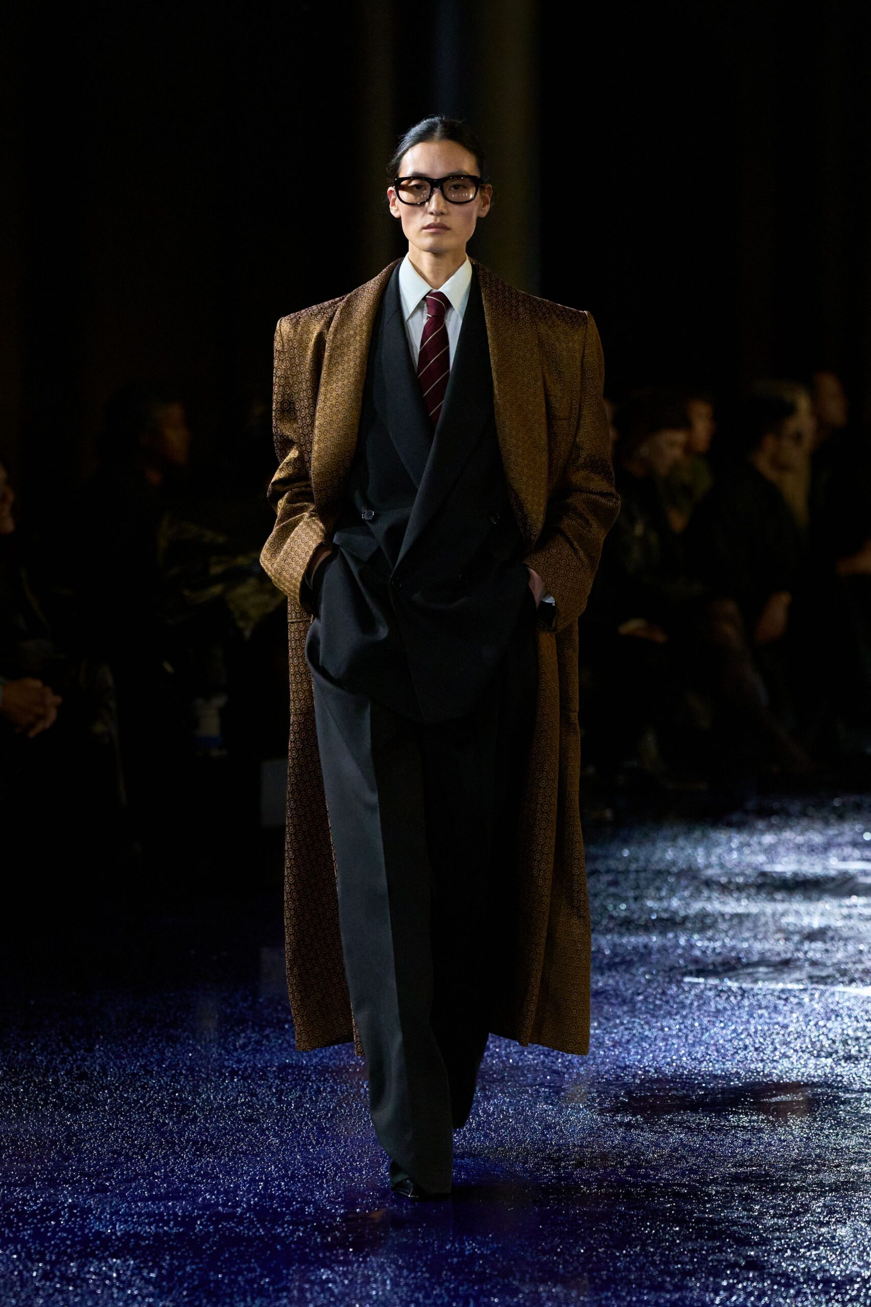 brown wool coat with black suit