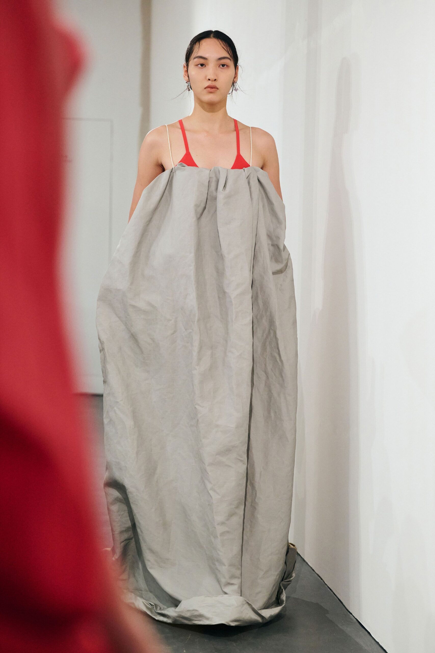 gray layered maxi dress with red top