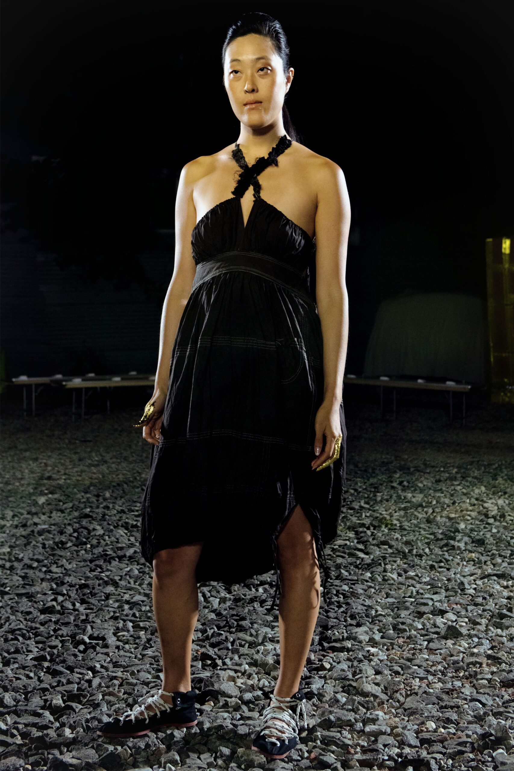 black cotton sleeveless halter relaxed draped midi dress
