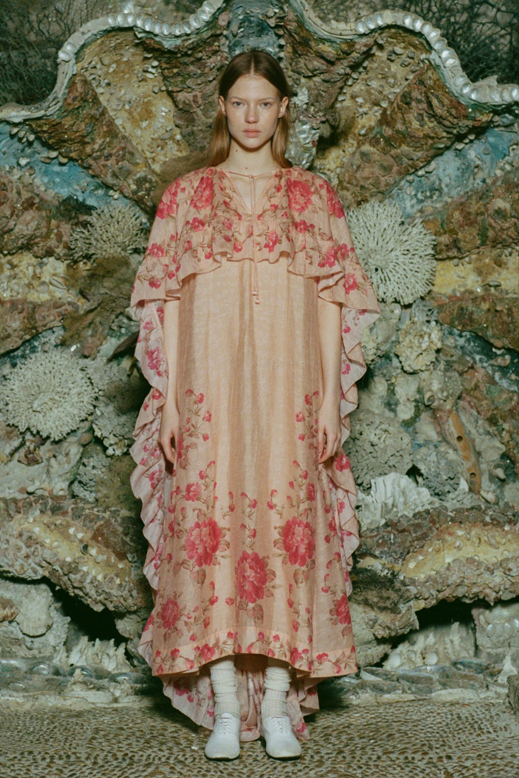 pink floral maxi gown with shoes