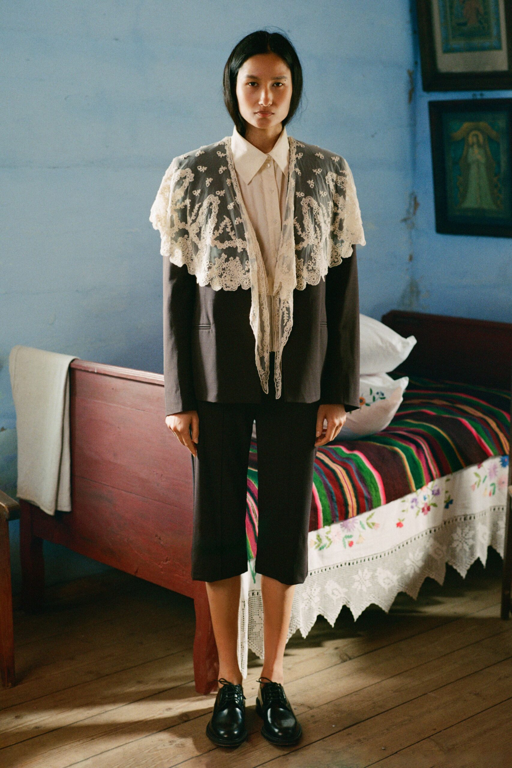 black cotton long-sleeve collared tailored layered blazer