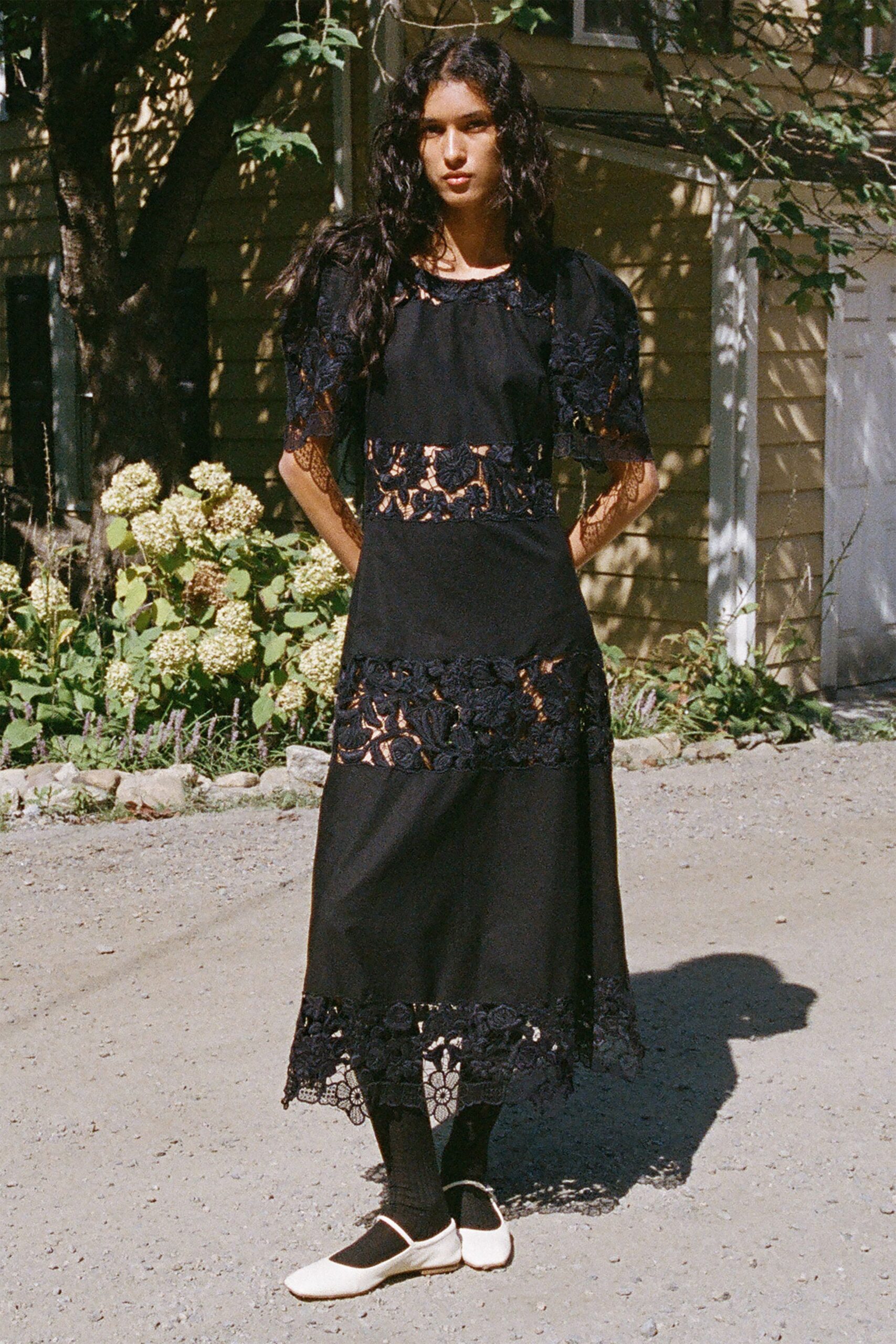 black cotton short-sleeve v-neck fitted embroidered tiered dress