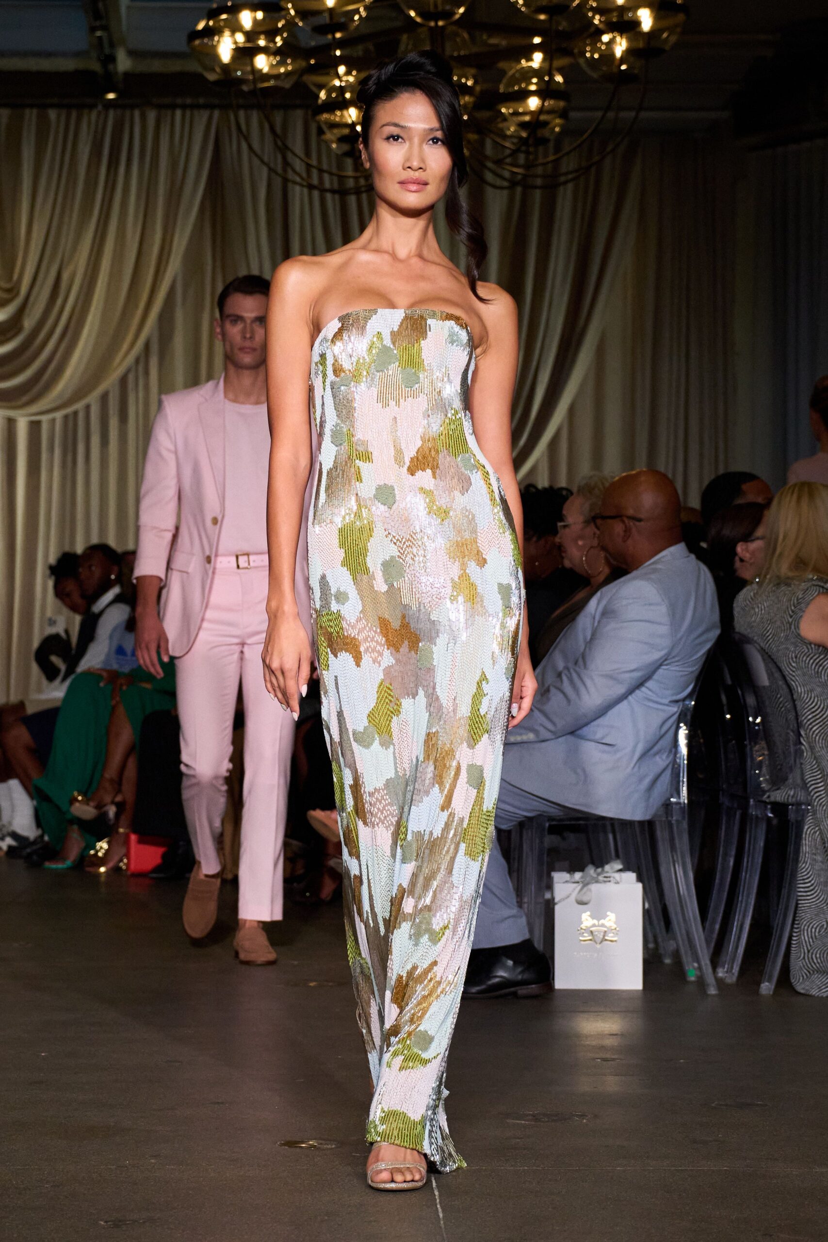 multi silk strapless fitted sequined draped sheer gown