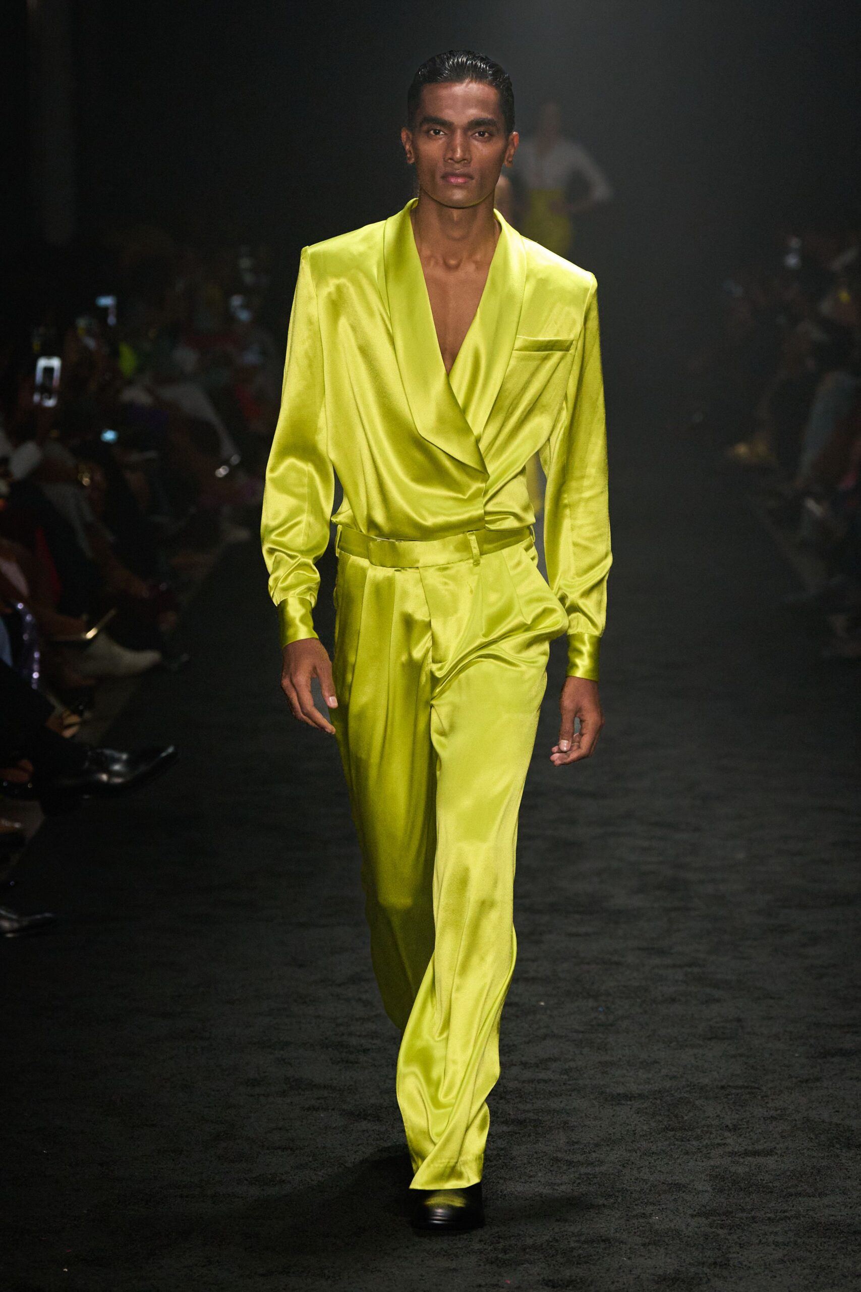 yellow satin long-sleeve v-neck fitted zippered shiny jumpsuit