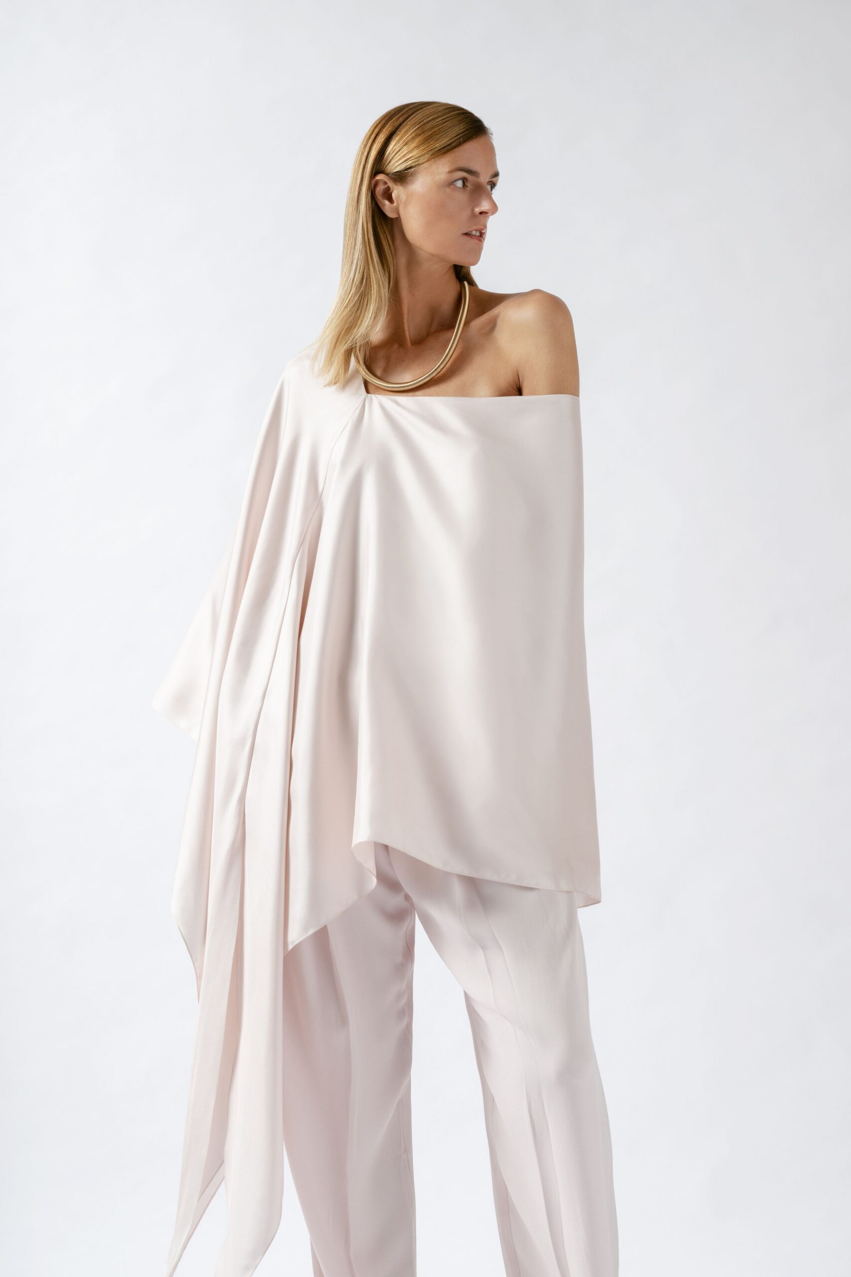 pink silk sleeveless off-shoulder relaxed draped flowing top