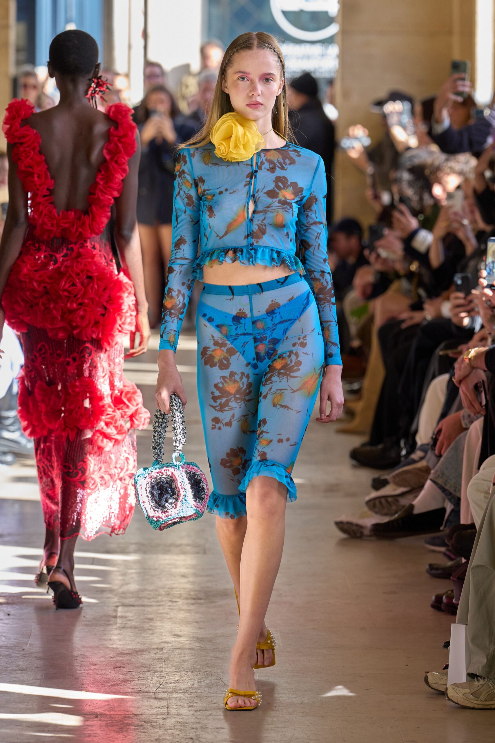 blue mesh long-sleeve collared fitted floral top